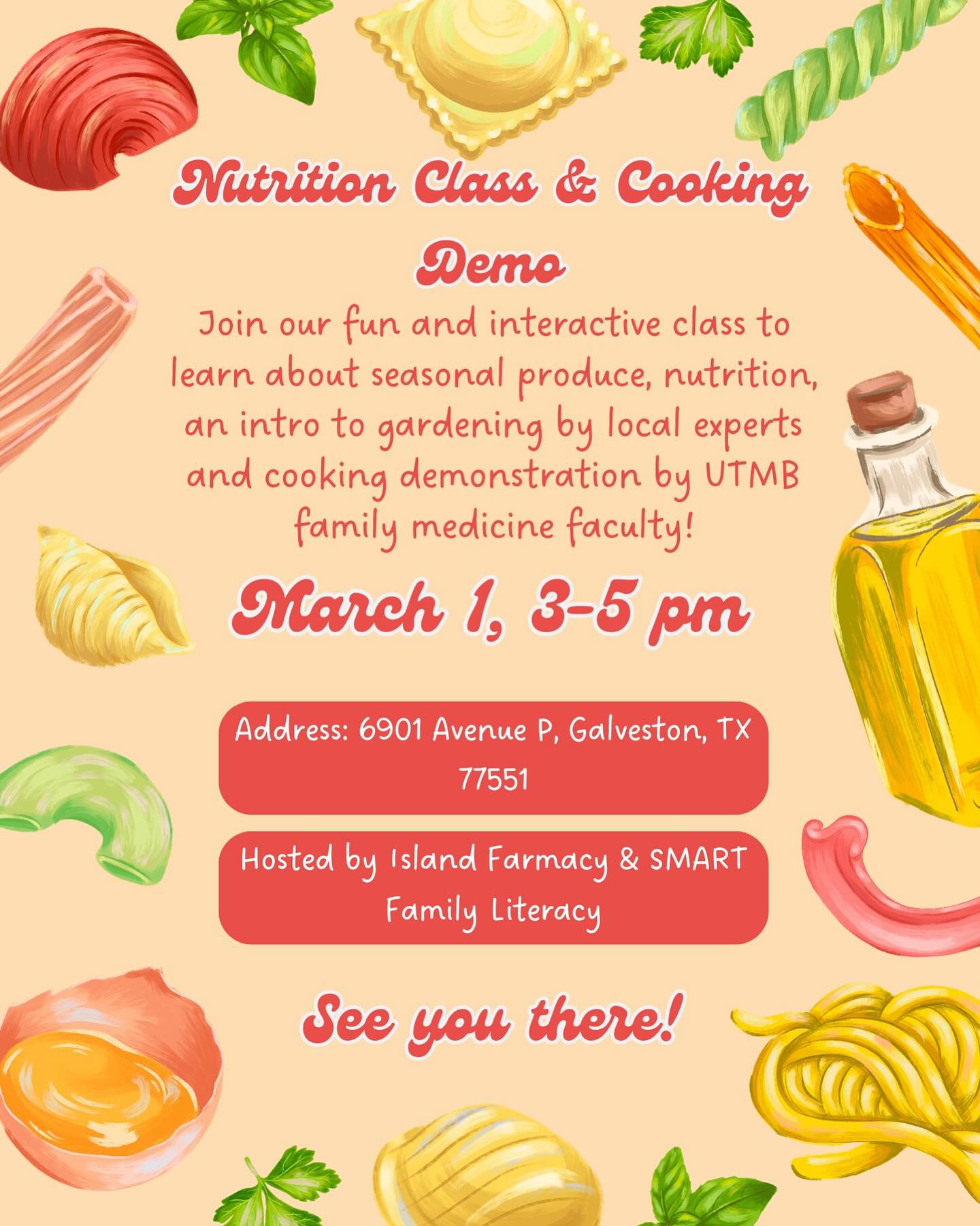 We’re hosting an event in collaboration with SMART family literacy next month! Please refer to the flyer for details and join us for a fun & educational class on nutrition with a cooking demo by UTMB family medicine faculty :)