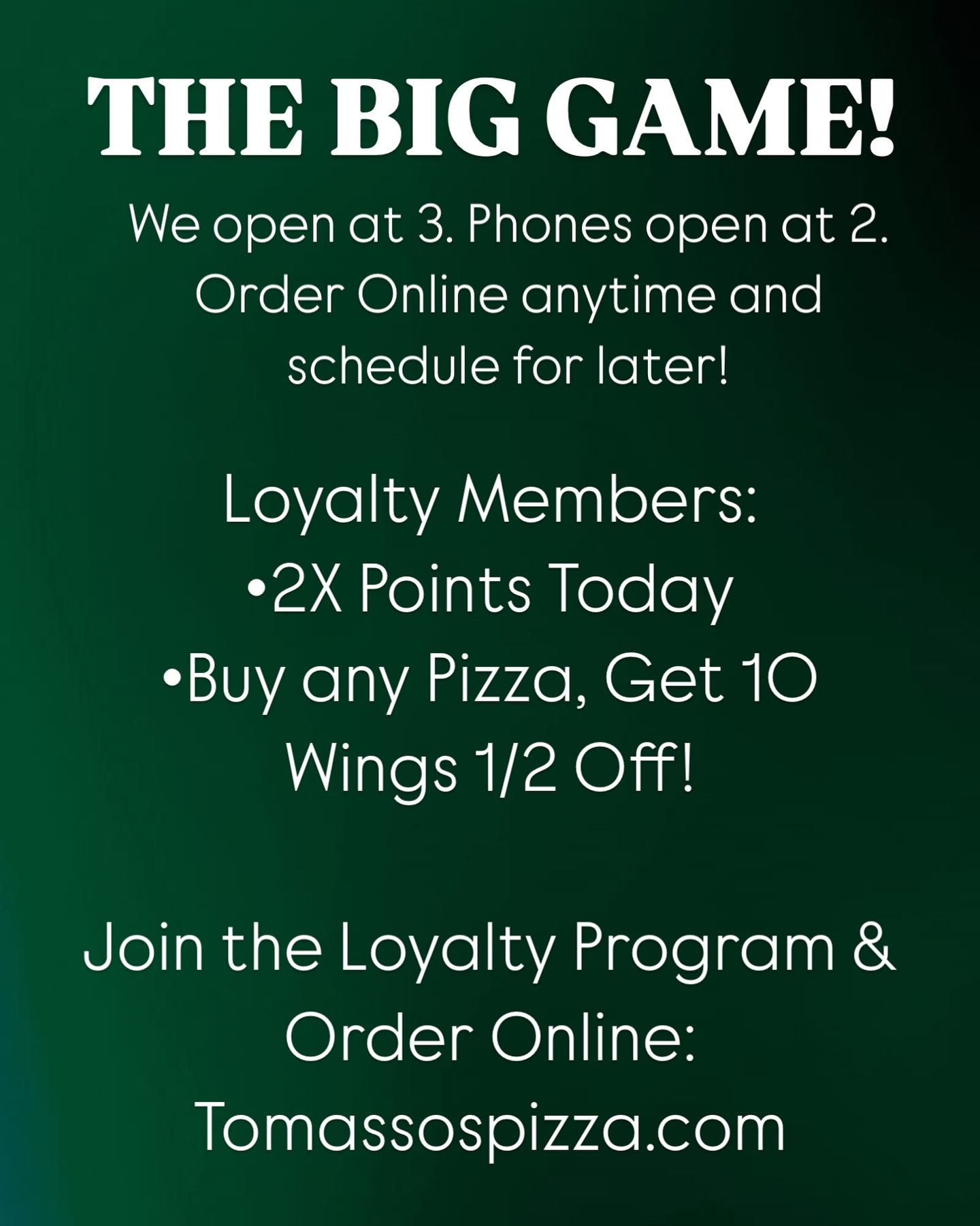 Discount and 2x points automatically apply to loyalty members only. Sign up is fast, and we offer promotions to you routinely! Between the 50 point sign up bonus and todayās deals, youāre earning free food immediately.