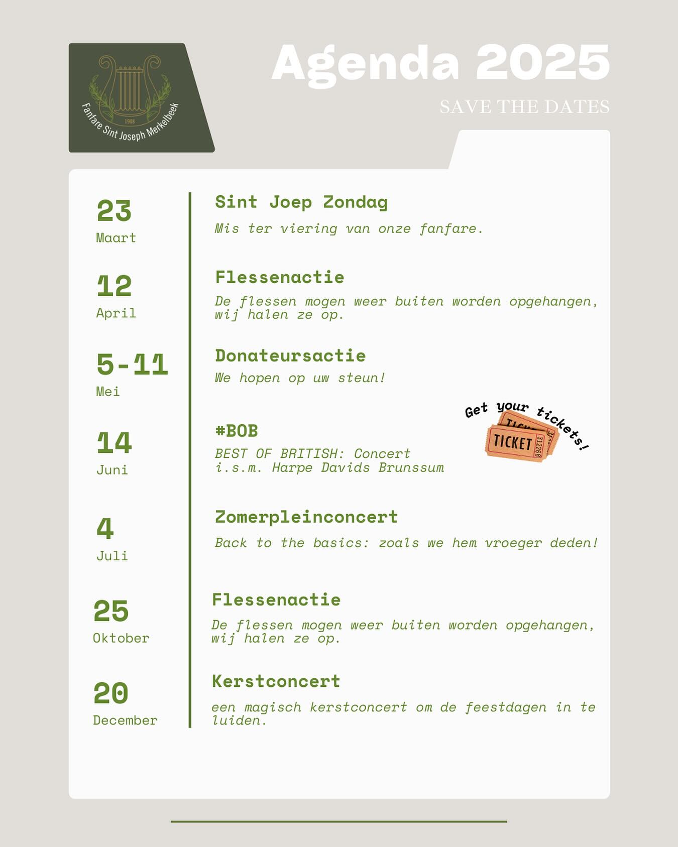 We hebben weer een mooi programma samengesteld voor 2025!
Met een โback to the basicsโ zomerpleinconcert, een kerstconcert en niet te vergeten #BOB, waar de kaartverkoop trouwens voor is gestart! ๐คฉ Uiteraard hoort het opluisteren van Allerheiligen, de communie, de processie, de gezinsmis en het binnenhalen van Sinterklaas ook erbij!
Wil je niks missen? Schrijf de data dan alvast op in de agenda! ๐ถ