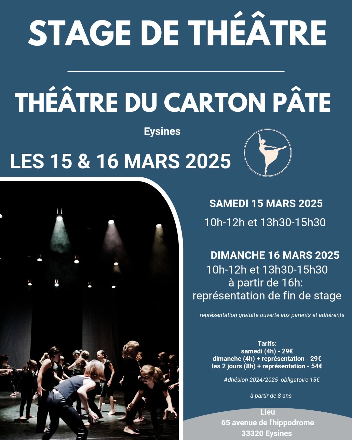 ✨C'est une fois cette année et c'est au mois de mars prochain ! 🤩
✨Les inscriptions à notre stage de théâtre des 15 et 16 mars 2025 avec le Théâtre du Carton Pâte de Eysines sont ouvertes! 🤩
✨A partir de 8 ans!
Nombre de places limité!
✨2 jours de stage cours et ateliers (10h-12h puis 13h30-15h30) avec une représentation ouverte et gratuite aux parents et adhérents, le dimanche à partir de 16h à La Cinquième Arabesque ! 🤩
Inscriptions en ligne sur notre page HelloAsso La Cinquième Arabesque (lien en bio).
✨Venez enrichir votre formation en danse avec nos stages de théâtre avec la fabuleuse équipe du Théâtre du Carton Pâte de Eysines!
#eysinesmaville
#eysines #eysinesculture #theatre #theatreducartonpate #lacinquiemearabesque #bordeaux #bordeauxmaville #bordeauxmetropole #mérignac #merignacmaville #lebouscat #bruges #saintmedardenjalles #bassindarcachon #Blanquefort #danseclassique