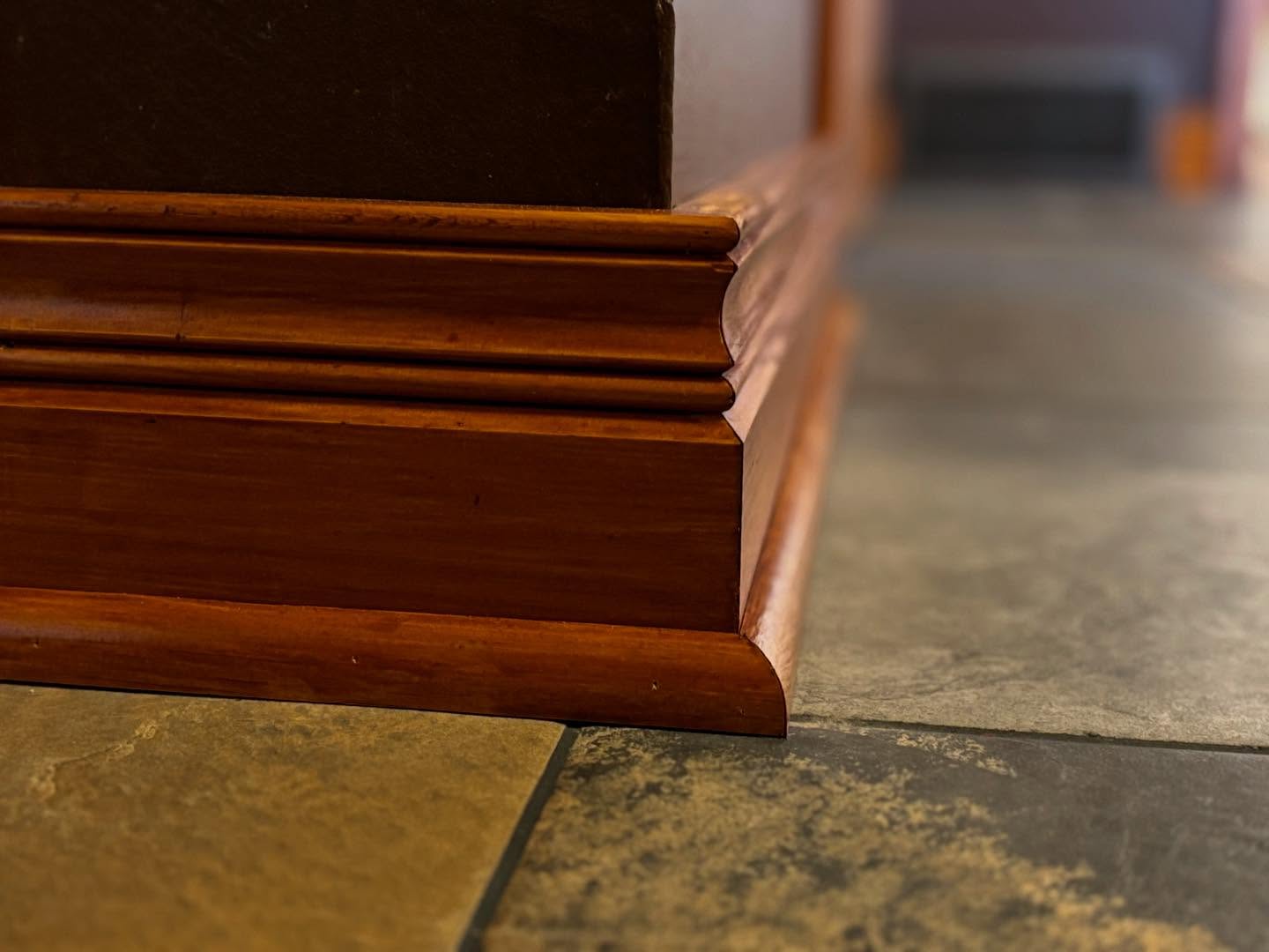 Baseboard restoration project. Milled to match the original, stained to match as well. Very interesting profile 💯🔥 #carpentry #millwork #restoration #customcarpentry #baseboards #staingrade #miter #classicaldesign #woodworking #carpenter