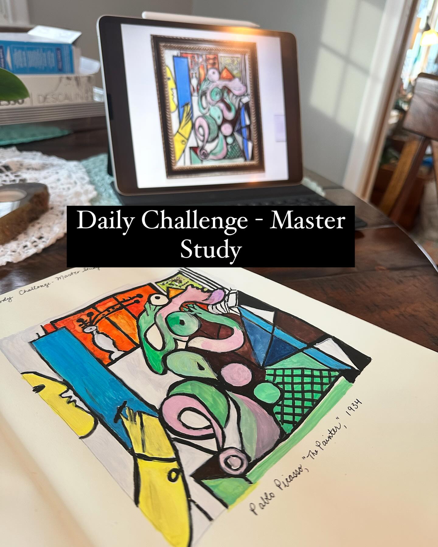 My mantra lately is โJust go with it!โ (You can ask Rob. Heโll tell you ๐).
I went waaaaay out of my box for this one! But all drawing and art is waaay out of the box for me so โฆ #justtry and see what happens.
I just want to say, leaving behind perfectionism and the fear of doing things โwrongโ requires making a conscious choice to try things but also brings the gift of curiosity about what will happen.
#findthejoy in #beingyourself ๐
Tried my first Master Study for @katie_moody #30DaysofSketchbookJoy challenge. I chose a Picasso I had seen the day before @thewadsworth .