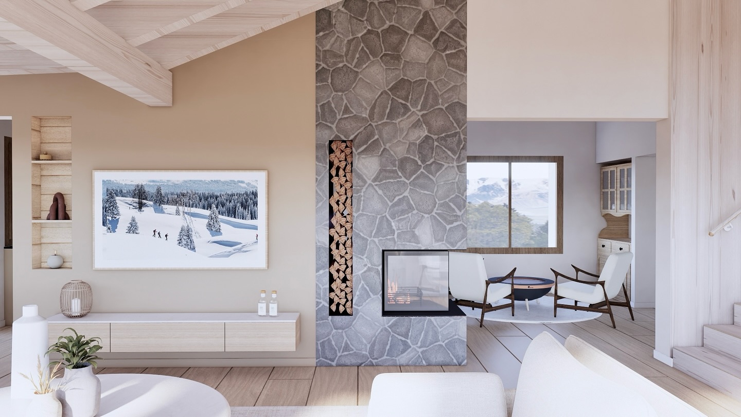 Cheminée en pierres naturelles qui est l’élément principal de ce séjour et qui se veut donc imposant tout en se mariant très bien avec le bois et les teintes beiges.