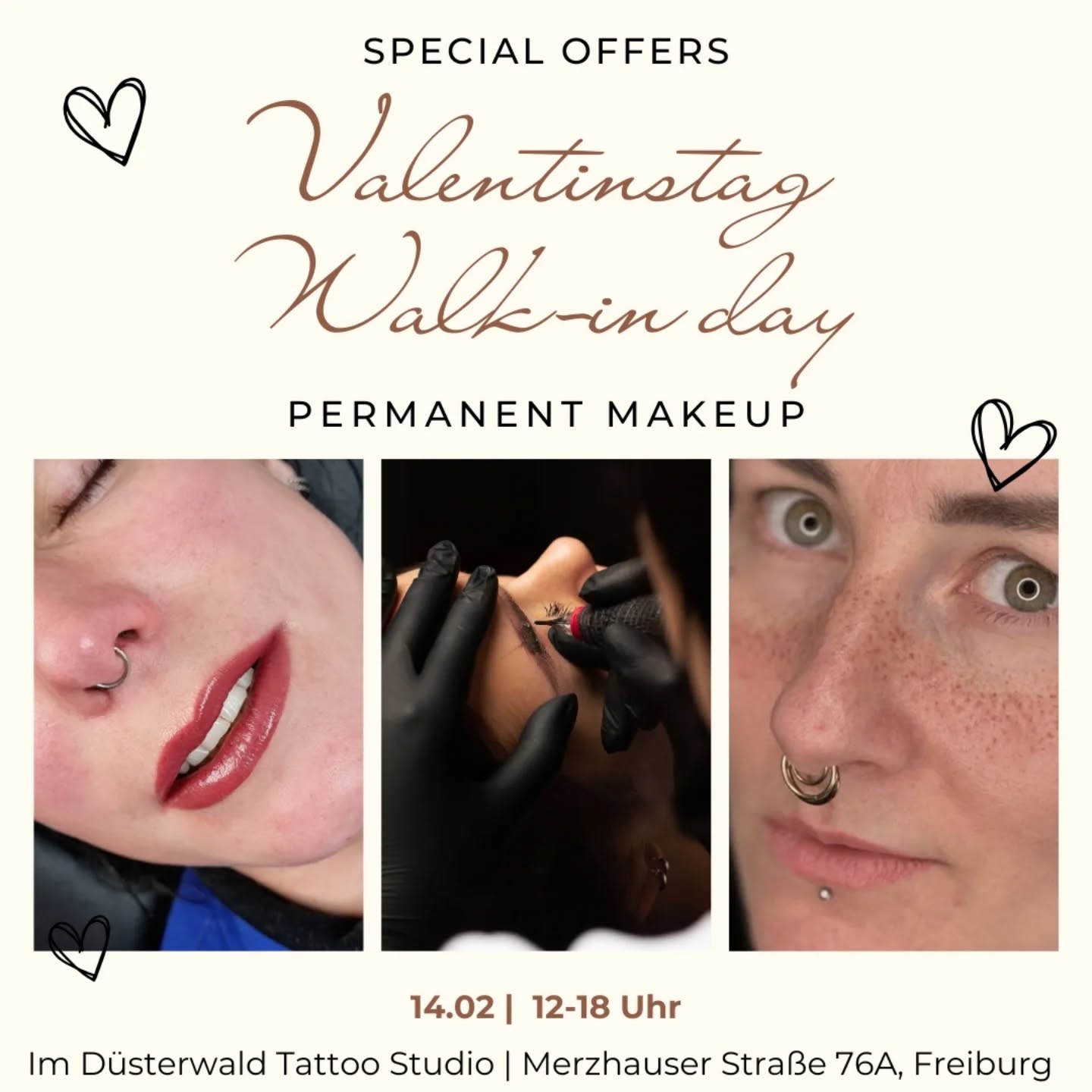 Kommt vorbei, meine Lieben, zu unserem Walk-In-Tag am Valentinstag 🌹
❣️ Kostenlose Permanent Make-up-Beratung (normalerweise 50 €)
❣️Sonderangebote für Sommersprossen, Schönheitsflecken – und wenn Sie möchten, können Sie auch eins in Herzform machen!
❣️50€ Rabatt bei Buchung einer Lipblush-Behandlung
meine Kollegen haben auch einige schöne Angebote @rose_tattoo_art & @gwendolin_tattoo
12-18 Uhr @duesterwald_tattoostudio