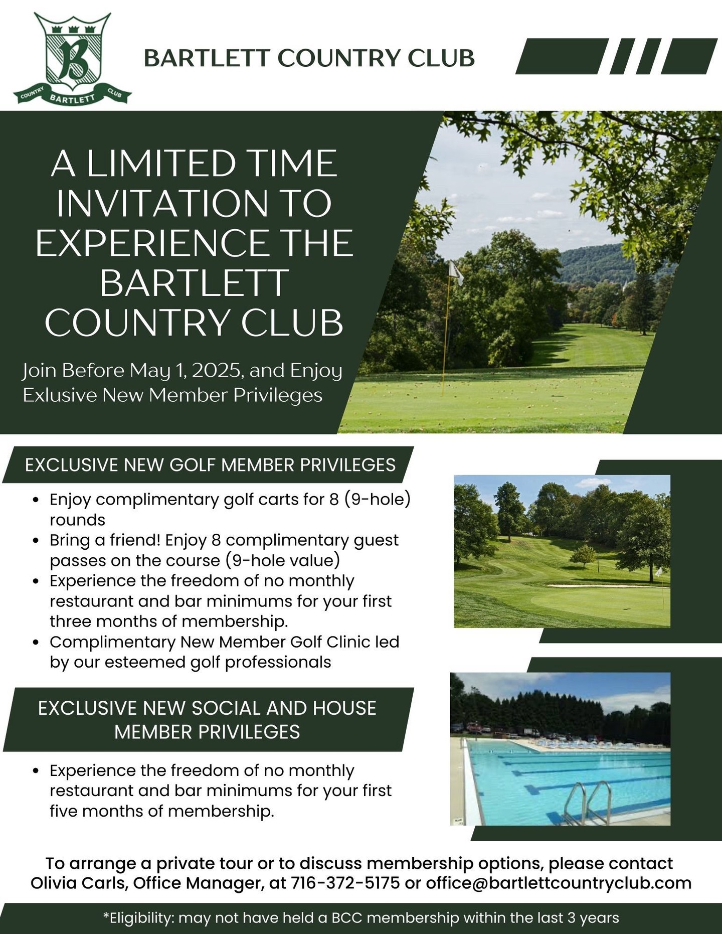 As we navigate through the final winter months, it’s never too soon to start anticipating spring and the upcoming golf season. Our Membership Committee is excited to introduce a rare special offer available to new members. This is an ideal moment to discover everything Bartlett Country Club has to offer. Reach out to us today for a tour and take advantage of this fantastic opportunity!