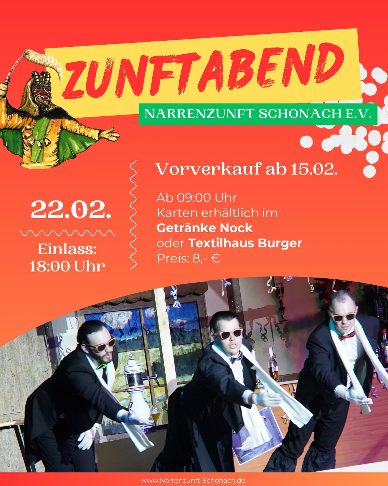 🎟️🎟️🎟️ Karten Vorkverkauf 🎟️🎟️🎟️
Diesen Samstag, 15.02.2025 ab 09:00 Uhr beim Textilhaus Burger und Getränke Nock in Schonach.
So lange der Vorrat reicht! 🥳
Geißenmägde und Geißenmeckerer im Häs - Eintritt frei 🎉
Einlass: 18:00 Uhr
Beginn: 19:30 Uhr
Eintritt: 8 Euro (erfahrungsmäßig nur begrenzte bis keine Anzahl von Karten an der Abendkasse)
#nzschonach #geißenmagd #geißenmeckerer #schonach #batzewecke #esgohtdegege #fasnet #fasnet2025 #2025 #verbandoberrheinischernarrenzünfte #narrenzunft #narrinarro #brauchtum #carnival #party #fun #people #tradition #blackforest #love #schwarzwald #nature #history #bepartofit #germany #mask #wood #winter #culture