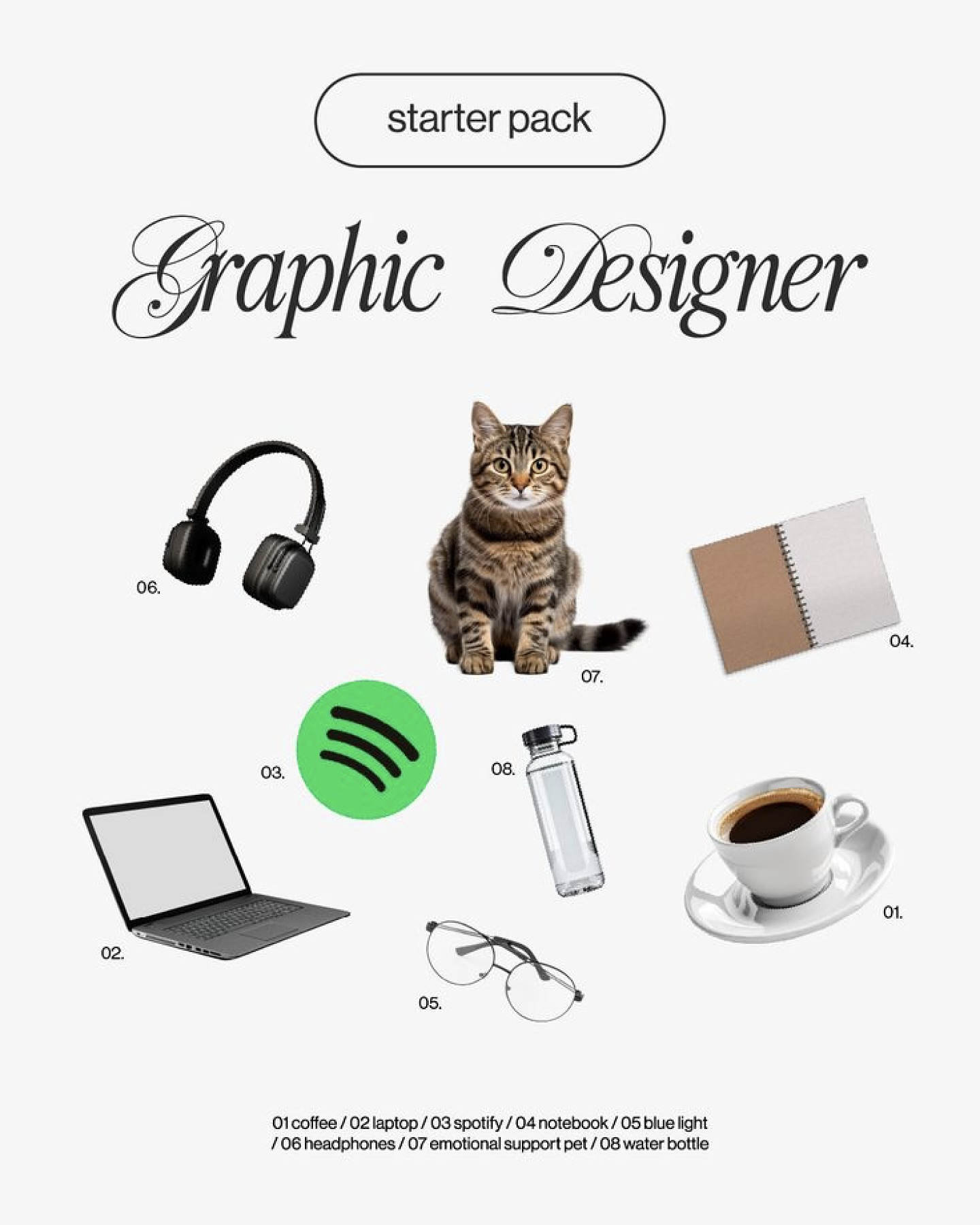 🎨 Graphic Designer Starter Pack 🎧💻☕
Si eres diseñador gráfico, seguro te sentirás identificado con este kit esencial:
🐱 Un gatito (porque la creatividad necesita compañía)
🎧 Audífonos + 🎵 Spotify (para entrar en flow)
💻 Laptop (tu mejor aliada)
☕ Café (porque las ideas necesitan combustible)
👓 Lentes (después de tantas horas frente a la pantalla)
📒 Libreta (para esos bocetos de última hora)
💦 Termo de agua (porque la hidratación también es clave)
✨ ¿Qué más agregarías a este starter pack? ¡Déjanoslo en los comentarios! ⬇️
#GraphicDesigner #StarterPack #DiseñoGráfico #Creativos #MarketingVisual #Diseñadores #WorkFromHome #PooshAgencia