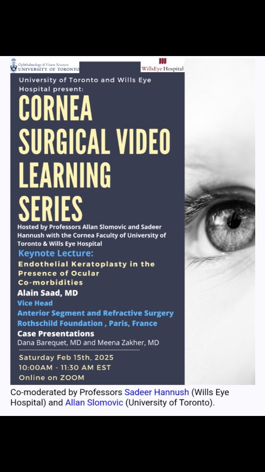 Looking forward to joining the Cornea Surgical Video Learning Series this Saturday, hosted by the University of Toronto and Wills Eye Hospital. Honored to be a part of this event and excited to learn alongside everyone.
Join us online! Register through the link:
https://us02web.zoom.us/webinar/register/WN_KGZQRY5_QMu13yGlPFRFQA
@institutlaservision
@hopitalfondationrothschild
@drtanyatrinh