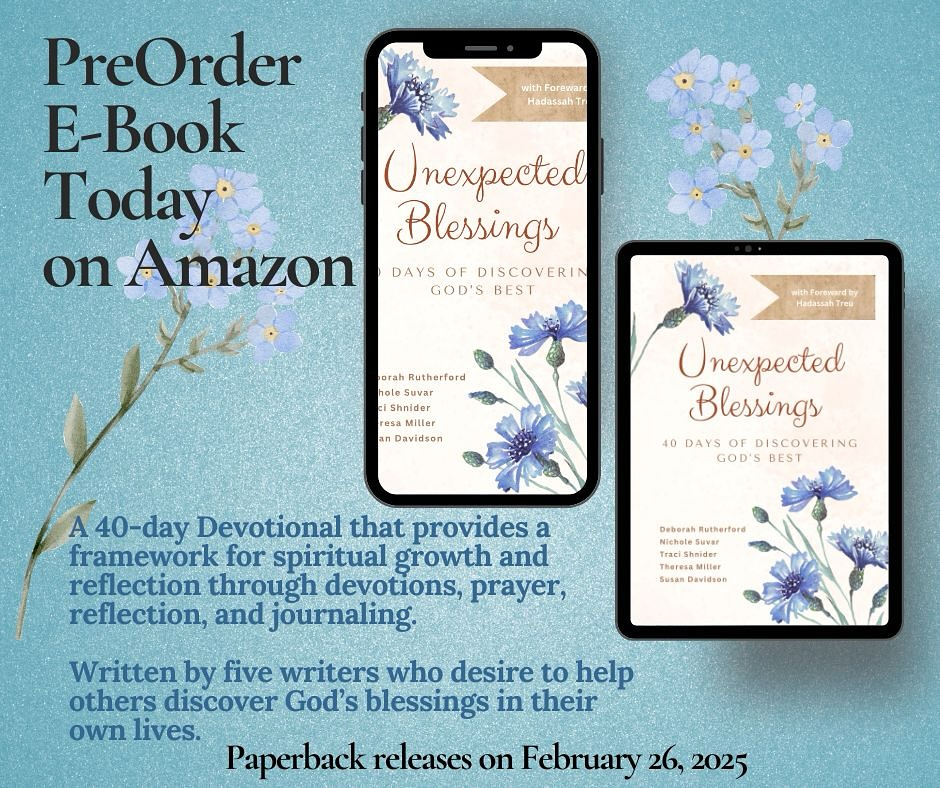 Friends, you don’t want to miss this!🌟
I am beyond thrilled to be on the 🎉launch team🎉 for “Unexpected Blessings: 40 Days to Discovering God’s Best” by Susan Davidson, Nichole Suvar, Traci Shnider, Theresa Miller, and Deborah Rutherford.
Have you faced unique storms in life that have left you emotionally and mentally drained? Have you wondered if there is a greater plan for your suffering?
Then this devotional is for you. The pages of Unexpected Blessings serve as a powerful reminder that God is present in our trials, guiding us to His perfect plan.
🎉JOIN ME on the launch team with a dm to one of the authors for the link or click the link in the bio👆🏾
You can PREORDER THE 🎉E-BOOK at: https://amzn.to/4gwWCqA. MARK YOUR CALENDAR to purchase paperback books on February 26, 2025.