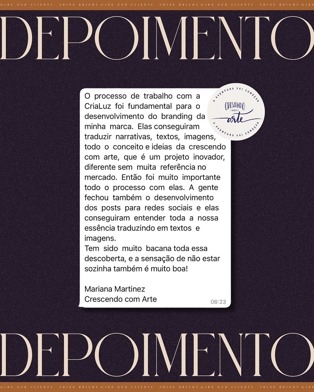 Com a @crescendocomarte, construímos uma identidade memorável, alinhando posicionamento estratégico, branding verbal e presença digital para fortalecer sua marca do offline ao online.
Hoje, sua comunicação reflete sua essência e se conecta com o público certo.
💡 Se sua marca precisa desse nível de estratégia, vamos conversar.
#BrandingEstratégico #PosicionamentoDeMarca #IdentidadeDeMarca #Crialuz #MarcasQueEncantam