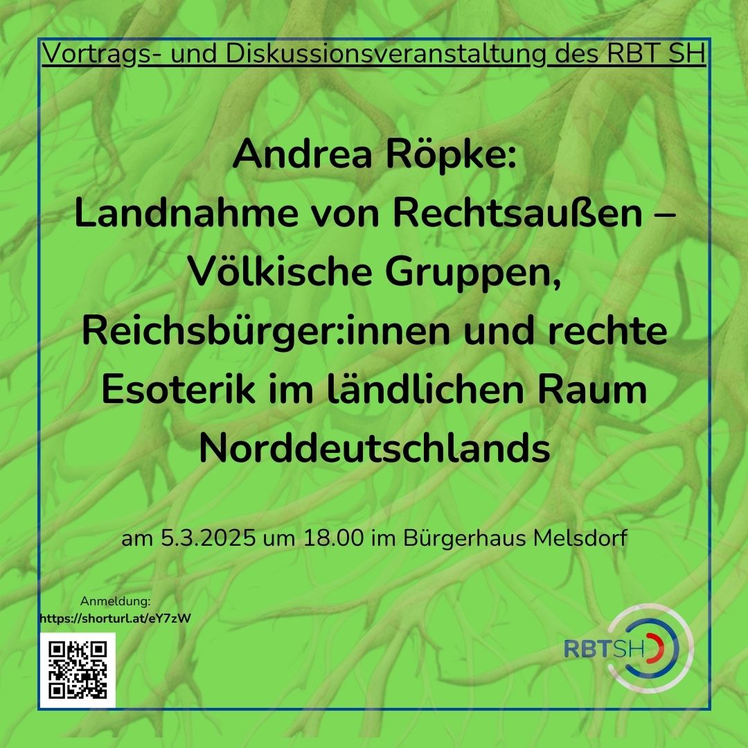 Reichsideologie hält Einzug - bis in die AfD. Reichsbürger:innen behaupten, die Bundesrepublik sei nicht souverän, Reichsgesetze würden noch gelten. Gruppen wie das Königreich Deutschland" treffen sich auch im Norden, geltende Gesetze erkennen sie nicht an. Andere erklären sich zum "indigenen Volk" und errrichten "Missionen". Kinder werden entführt, damit sie nicht in Schulen gehen können. Der "Systemausstieg" von rechts wird propagiert - auch mit Gewalt. Mutmaßliche Terrorgruppen sind inzwischen bestens vernetzt, die Kontakte reichen bis in die Parlamente, Polizei, Justiz oder Bundeswehr. Die Bandbreite extrem rechter Erscheinungsbilder reicht von esoterischen Zirkeln, Anastasia- und Putin-Fans bis hin zu völkisch-nationalistischen Siedler:innen. Besonders im ländlichen Raum wird systematisch an der Herstellung einem antidemokratischen, rassistischen und antisemitischen Stimmungsbild gearbeitet, während demokratische Kräfte zurückgedrängt werden sollen.
Darüber wird am 5.3.2025 um ab 18.00 die Rechtsextremismusexpertin Andrea Röpke im Bürgerhaus in Melsdorf sprechen. Im Anschluss stellt sich lokale Bündnisse für Demokratie und gegen Rechtsextremismus aus dem Kreis Rendsburg-Eckernförde vor.
Anmeldung hier https://shorturl.at/eY7zW
Die Veranstaltenden behalten sich vor, von ihrem Hausrecht Gebrauch zu machen und Personen, die rechtsextremen Parteien oder Organisationen angehören, oder der rechtsextremen Szene zuzuordnen sind, den Zutritt zur Veranstaltung zu verwehren oder von dieser auszuschließen. Das Gleiche gilt für Personen, die bereits in der Vergangenheit durch nationalistische, verschwörungsideologische, rassistische, antisemitische, antifeministische oder sonstige menschenverachtende Äußerungen in Erscheinung getreten sind,