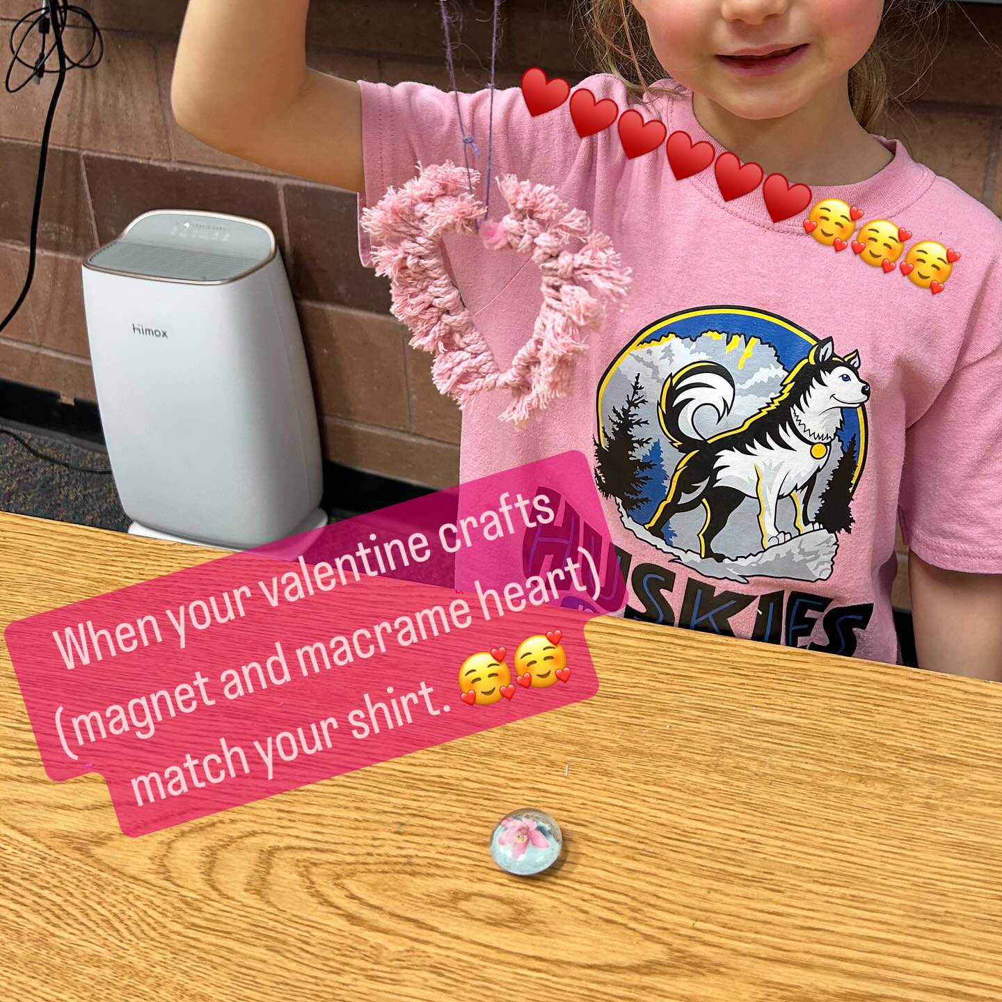 When your valentine crafts (a magnet and macrame heart) match your shirt. 🥰♥️🥰