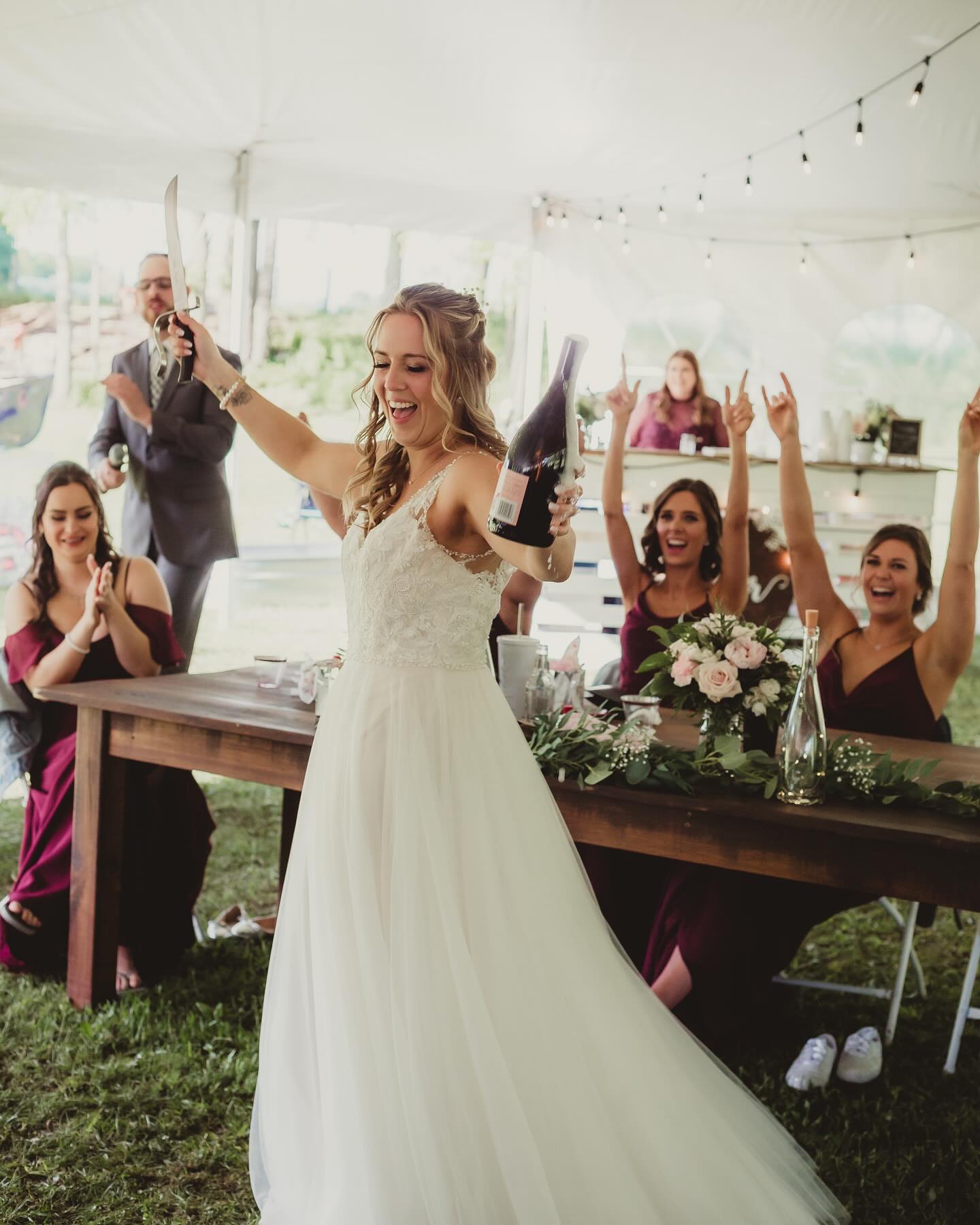 Something I like to do with my brides is have them sabre a bottle of champagne during their reception.