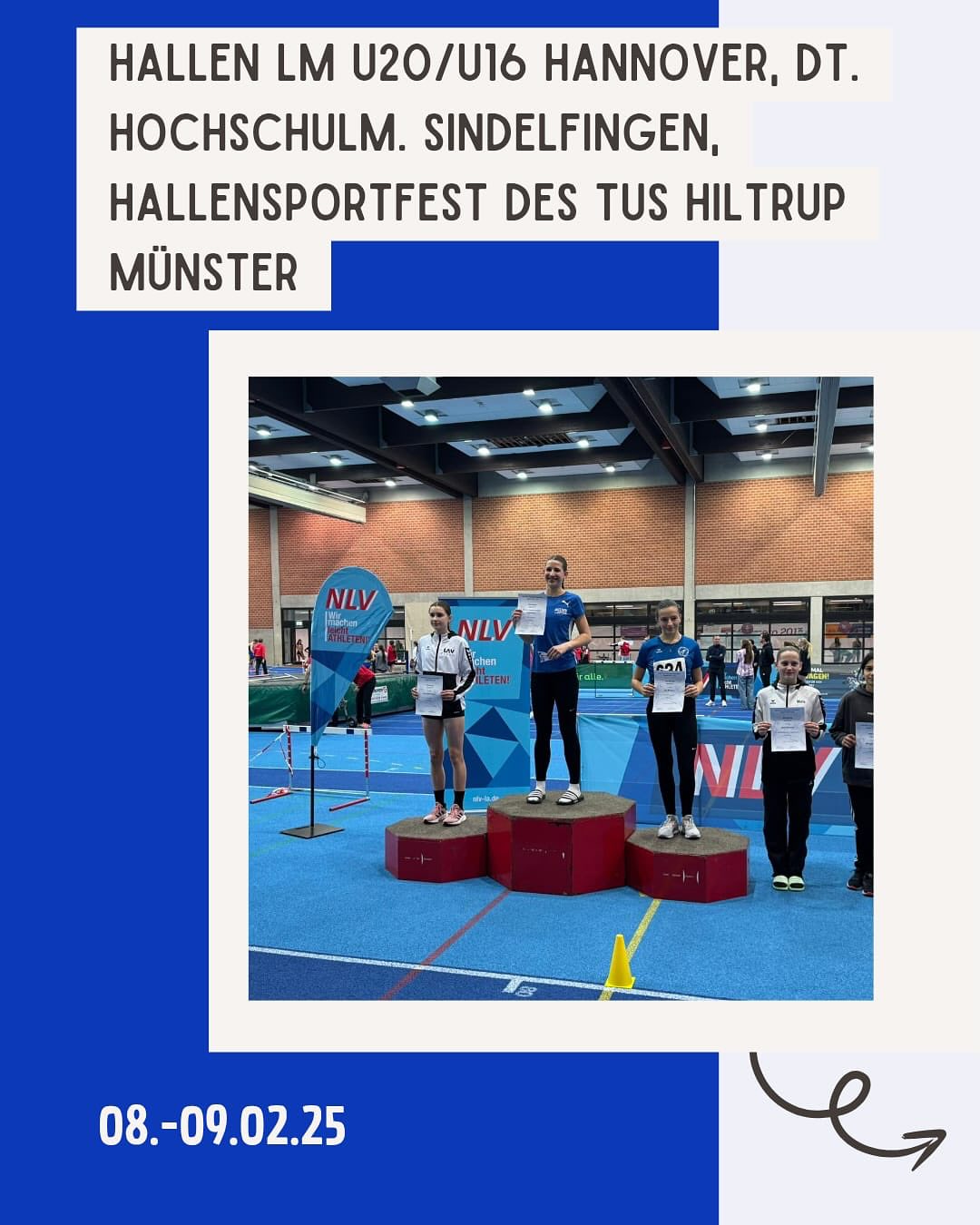 Viel los war am vergangenen Wochenende in den Leichtathletik-Hallen in der Republik!
Am Samstag und Sonntag gab es die Landesmeisterschaft der U16 und U20 in Hannover. Insgesamt 15 @otb_osnabrueck Athletinnen und Athleten gingen an den Start. Neben diversen guten Leistungen gab es zudem zwei Titel und einen Vizetitel zu bejubeln. Zu den erbrachten Leistungen gratulieren wir herzlich!
Am Samstag ging es für @jonas.kmy nach Sindelfingen zu den deutschen Hochschulmeisterschaften. Über 15 Runden stellte er sich der Konkurrenz anderer Hochschulen. Am Ende konnte er sich über den 5. Platz freuen. Auch hierzu herzlichen Glückwunsch.
Den Abschluss des Wochenendes machten @riekelembeck und @julius22910 in Münster, wo beide über 60m und im Weitsprung Bestleistungen erlaufen und Julius eine PB erspringen konnten. Ganz stark! Herzlichen Glückwunsch!
#sportlich #wochenende #wettkämpfe #landesmeisterschaft #landesmeister #pb #weiterso #hochschulmeisterschaften #deutsche
@noz_de @sport_lich_unterwegs @otb_osnabrueck @stadtosnabrueck @stadtsportbund_osnabruck @activesportshoposnabrueck @katharina.poetter dabehrens @nlv_online @dlv_online @benmoellers