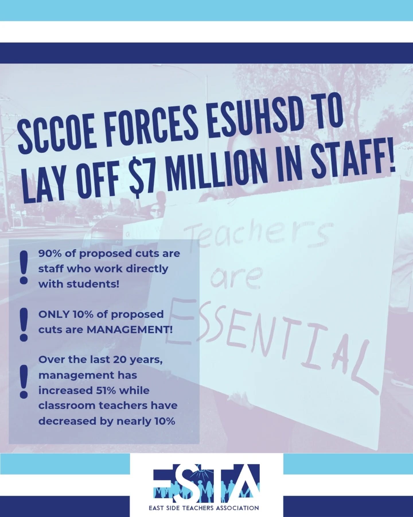 On Thursday, February 13th, ESUHSD Board announced $7 million in layoffs.
Keep cuts as far away from students as possible!
For more info see link in bio.
---
#wearesta #redfored #students #teachers #wearecta #unionteacher #sanjose #eastside