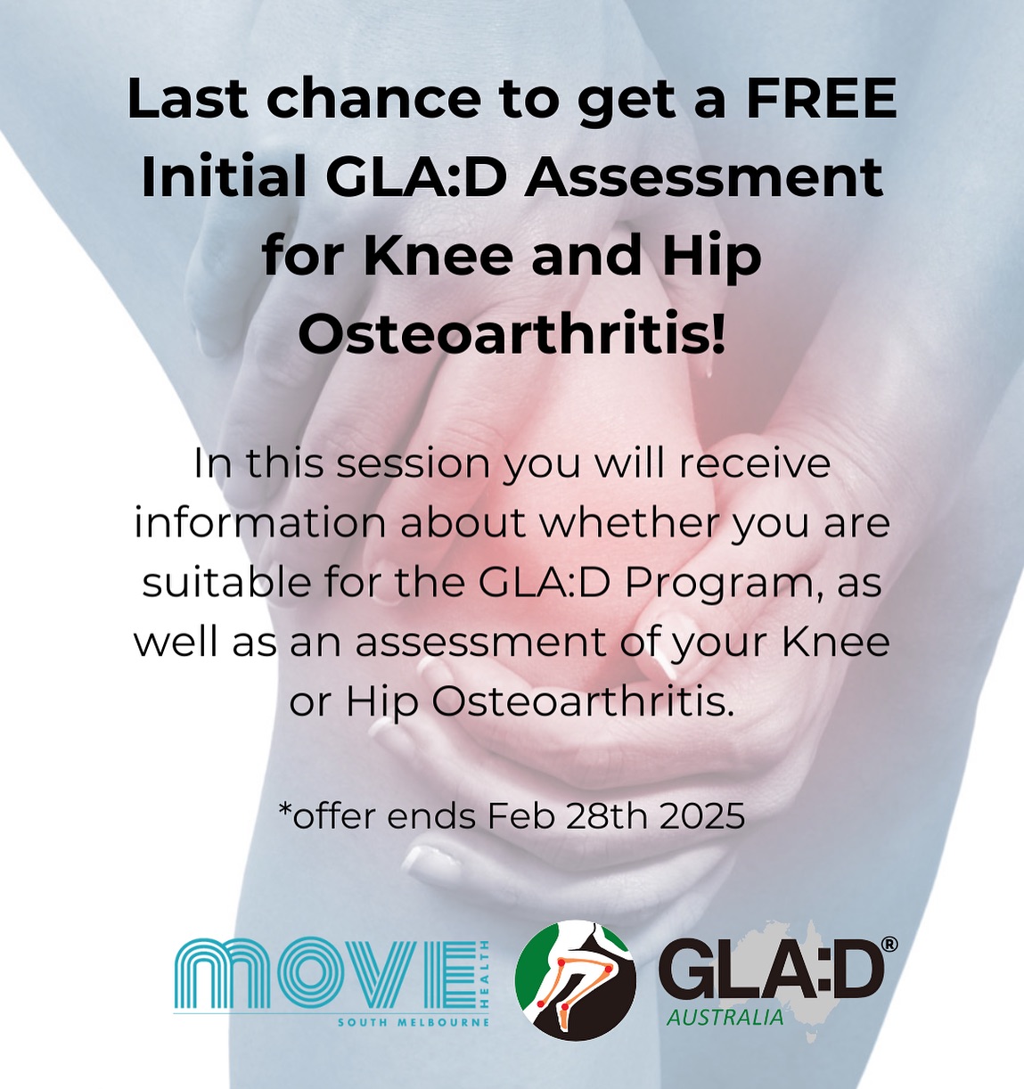 Final chance to grab our offer for the GLA:D Program!
If you know someone who is interested in joining the GLA:D Program, please get in contact with our accredited Physiotherapist, Caz via caz@movehealth.co