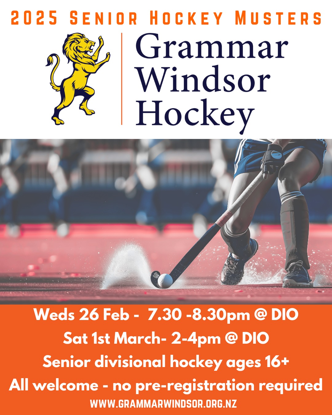 Mark your diary.
🦁 🍊 GWHC senior musters begin Weds 26 Feb @ Dio.
These musters are for senior divisional players but youth players 16+ are welcome to attend too.
🔥🏑🏑 🔥🦁🍊
NO PRE-REGISTRATION REQUIRED.
Just bring your gear, and a great attitude.
#hockeylife #hockeynz #auckland