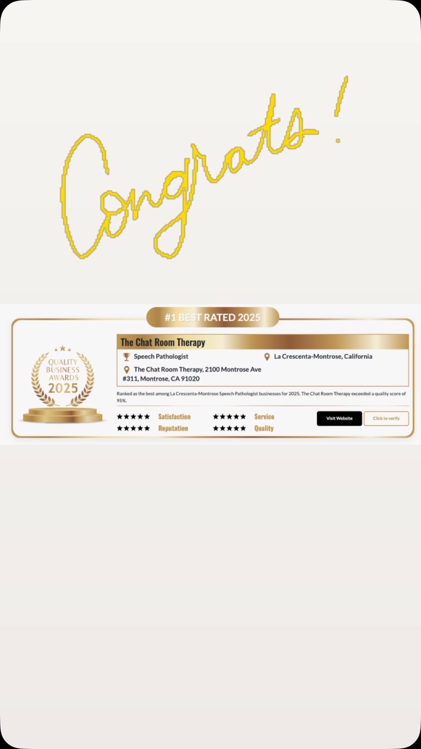 "The Chat Room Therapy has been selected as The Best Speech Pathologist in La Crescenta-Montrose, California for 2025.
The Chat Room Therapy achieved an overall quality score of 95% or greater."
Thank you for the recognition. We are proud to serve our community! #slp #privatespeechtherapy #adultspeechtherapy #childrenspeechtherapy #cognitivetherapy #voicetherapy #swallowingtherapy #montroselacrescentaspeechtherapy