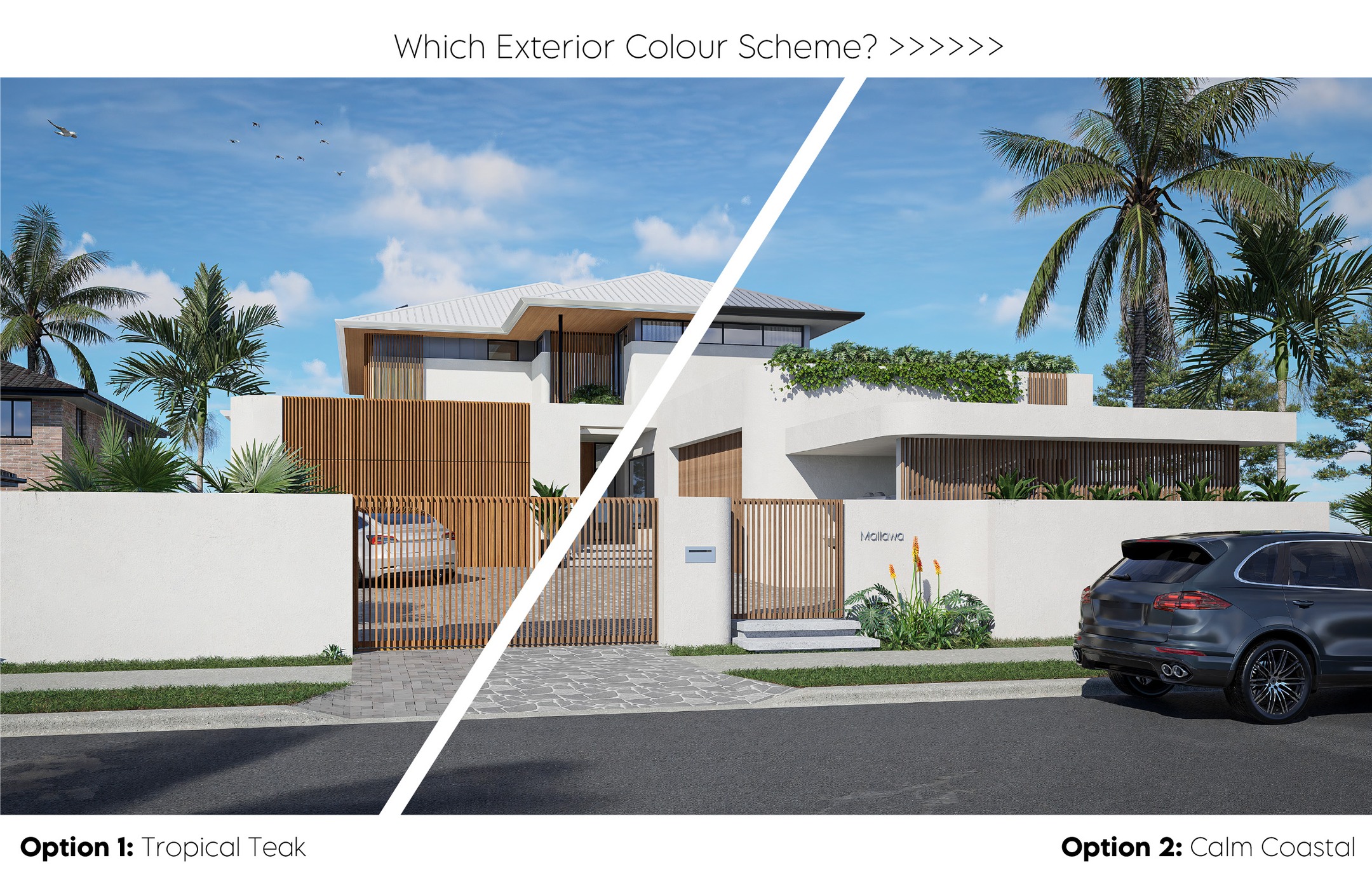 Which colour scheme would you pick?
Here we have tested a tropical and bright colour scheme against a calm weathered coastal aesthetic to help our clients consider their options for their new-build #foreverhome
While predominantly white exterior walls and dark framed windows were part of the brief we played with the use of:
- #Teak vs coastal #blackbutt battens
- #Doverwhite vs #Windspray roof
- Black vs #Monument window frames
- #Timber vs white soffits
- Black vs white columns
- Black vs chrome pool fencing hardware
- #Cobblestone vs #crazy-paving
- Deep blue vs light blue pool tiles
- In our presentation, we also suggested #subtropical vs #coastal native plants
Our next round of visualizations will incorporate:
- Changes based on client feedback
- Themed landscaping/plantings
- Enhanced lighting & light fixtures
- Final touches like fire & décor
- Stunning 4K resolution
Concept & Façade Design:
@byofloorplan
Visualizations:
@mzstudio.arch