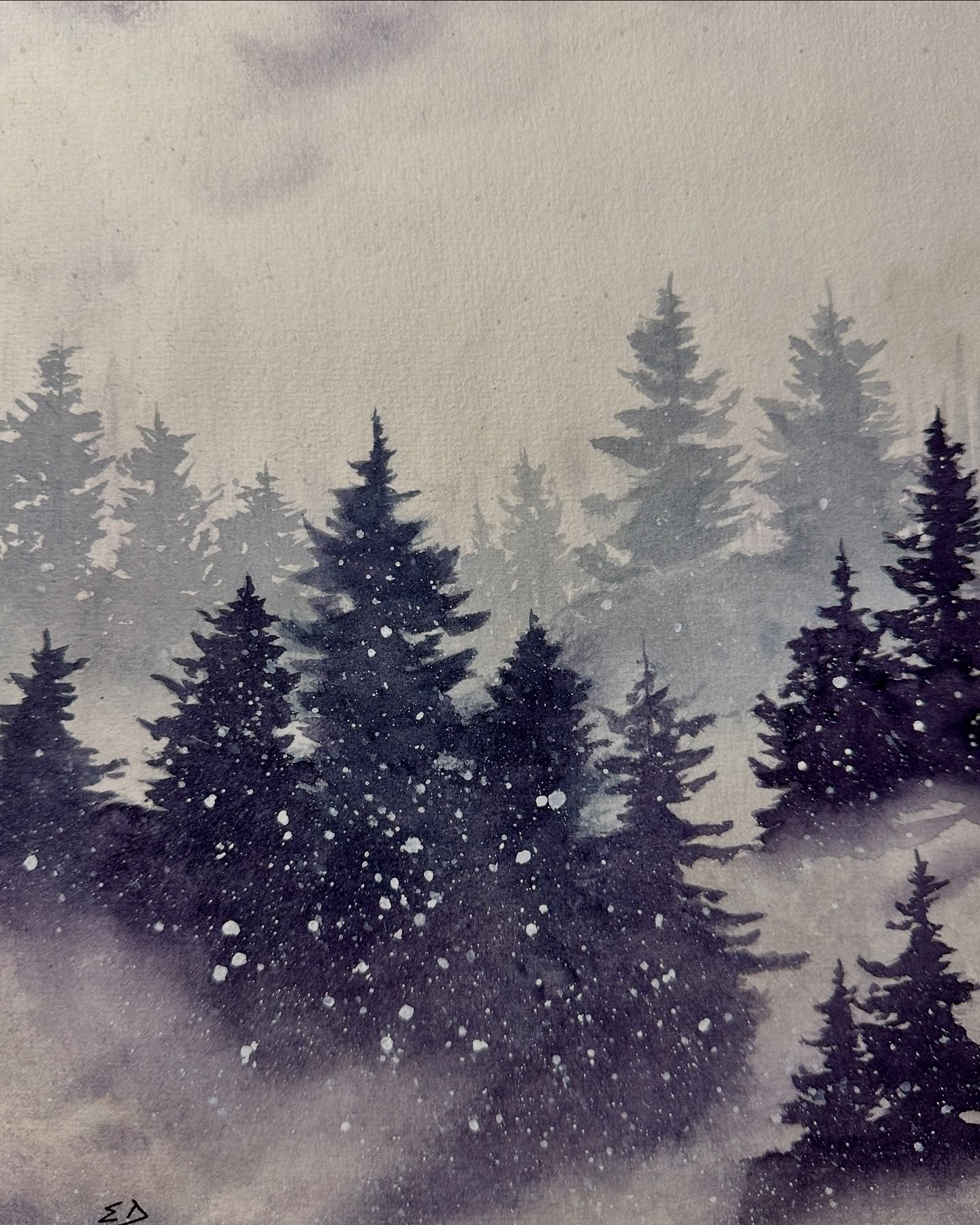 It's still winter around here...
I made this one while following a tutorial by Jackie Peacock, she is wonderful with misty forest scenes
#watercolor #traditionalart