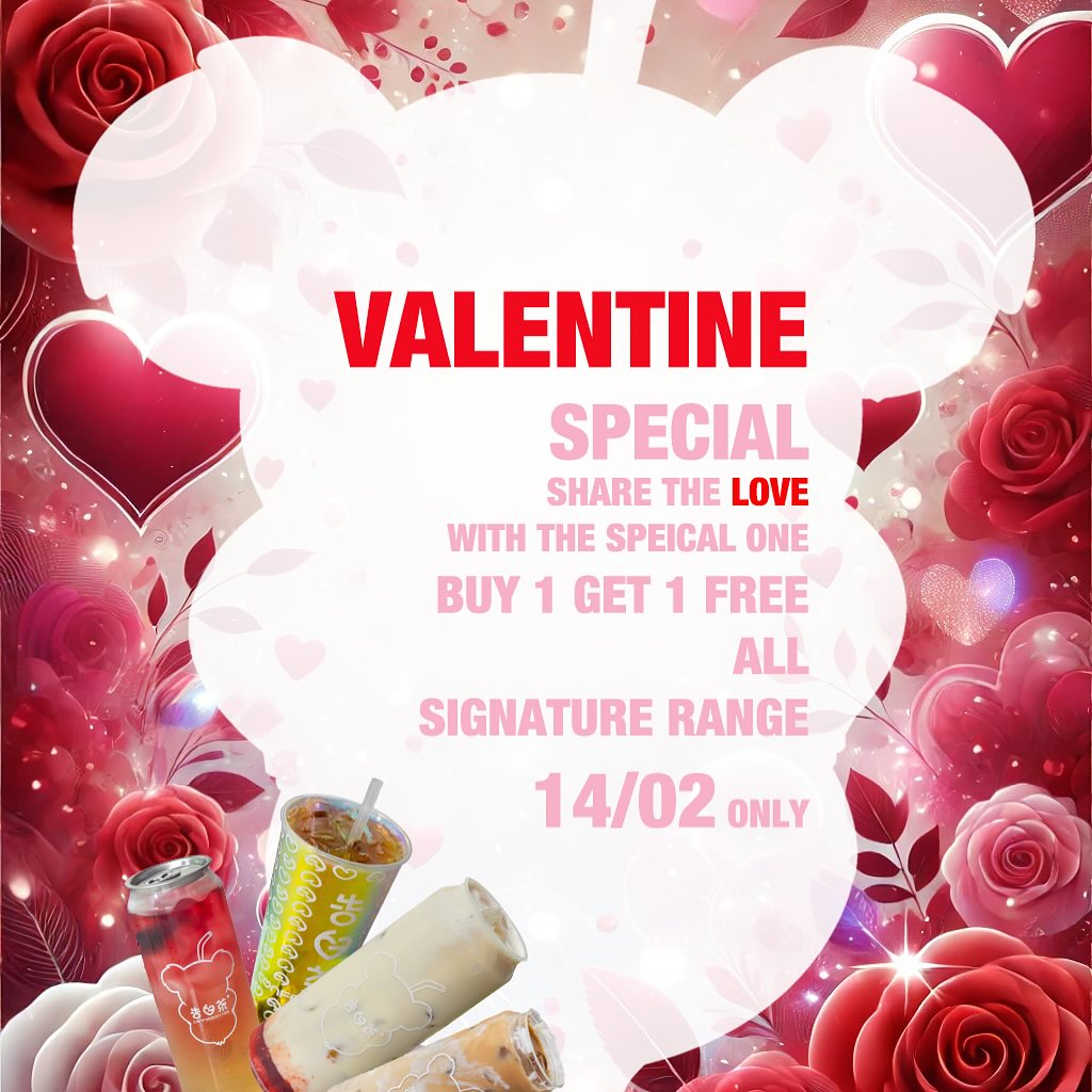 💖 Valentine’s Day Special at Confession Tea! 💖
Celebrate love with us tomorrow, Feb 14, with an irresistible treat:
✨ BUY 1 GET 1 FREE ✨
🎯 Available for ALL Signature Range drinks!
Bring your special someone and share the love over your favorite bubble tea. 🥤❤️
📌 T&Cs apply: Offer valid on Feb 14 only. Free drink must be the same as the purchased one—no substitutes.
#ValentinesDay #ConfessionTea #Buy1Get1Free #bubbleteawoollongabba #bubbleteabrisbane #ShareTheLove
