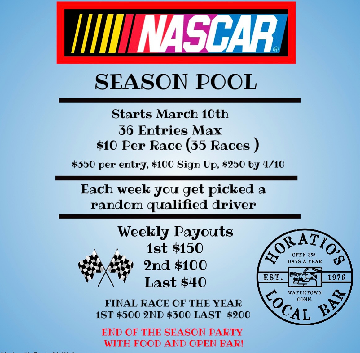 Our annual nascar pool is starting up March 10th! 🏁🏎️Message to sign up! 36 spots available! Weekly prizes with open bar at the end of the season!