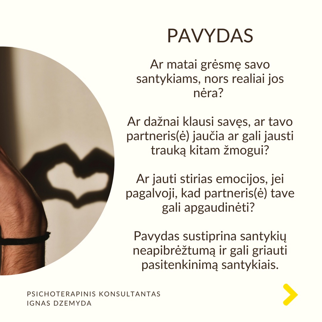 Komplikuoti santykiai atrodo kaip nuolatinis karas. Kai santykiai yra stabilūs, partneriai lengvai sprendžia smulkius nesutarimus. Tačiau jei santykiai tampa komplikuoti, net mažos situacijos gali sukelti pavydą ir nepasitikėjimą. Kelly Brisini (2019) tyrimas atskleidė pagrindinius komplikuotų santykių veiksnius. Pagal juos parengiau klausimus, kurie gali padėti suprasti, ar tavo santykiai yra arba bus komplikuoti.
Santykių neapibrėžtumas. Kiek esi tikras(a), kad liksi šiuose santykiuose? Kiek esi tikras(a), kad tavo partneris(ė) liks su tavimi? Kiek esi tikras(a), kad tavo santykiai tęsis?
Konfliktų priėmimas asmeniškai. Ar pernelyg sureikšmini problemas, net jei jos yra menkos? Ar konfliktai su partneriu(e) sukelia tau jausmą, kad esi auka? Kaip dažnai jauti pyktį, skausmą, liūdesį ar baimę būdamas(a) su savo partneriu(e)?
Pavydas. Ar matai grėsmę savo santykiams, nors realiai jos nėra? Ar dažnai klausi savęs, ar tavo partneris(ė) jaučia ar gali jausti trauką kitam žmogui? Ar jauti stirias emocijos, jei pagalvoji, kad partneris(ė) tave gali apgaudinėti?
Trukdymas siekti tikslų ir pagalbos trūkumas. Ar tavo partneris(ė) stengiasi trukdyti tau pasiekti tai, ką turi ir nori padaryti? Jei susidarai dienos planą, ar atrodo, kad partneris(ė) trukdo jį įgyvendinti? Ar partneris(ė) klausia, kaip gali tau padėti atlikti reikalingus darbus, kad pasiektum savo tikslus?
Vengimas kalbėti apie sudėtingas temas. Ar stengiesi nesikalbėti apie svarbias santykių sritis, kurios kėlė arba kelia problemų? Ar dažnai nekeli jautrių klausimų? Kai kas nors nepatinka tavo partnerio(ės) veiksmuose, ar sugebi kalbėti apie tai? Jei jauti pavydą, ar gali pasidalinti tuo su partneriu(e)?
Ką daryti? Jei teigiamai atsakei į daugumą klausimų, tavo santykiai yra komplikuoti arba gali tokie tapti. Svarbu atvirai apie tai kalbėti su savo partneriu(e). Keičiant savo elgesį galima santykius daryti sveikesniais.
Nepamirškime pasirūpinti savimi!
#psichologija #psichoterapija
#savespazinimas #psichologas #emocinesveikata #psichologinepagalba #savirefleksija #terapija #psichinesveikata #meditacija #gyvenimokokybė #asmeninisaugimas #augimas #santykiai