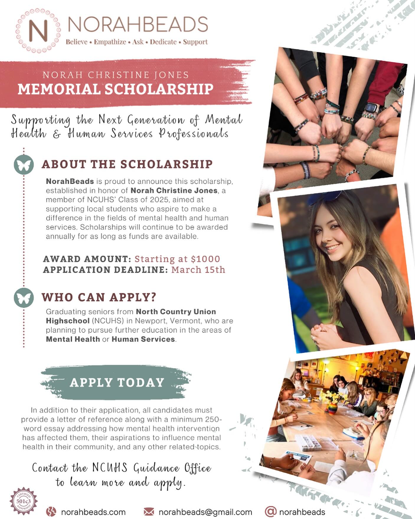 We are excited to be able to offer this scholarship to students graduating from NCUHS, class of 2025. This is our inaugural year and we hope to expand this to more local schools in the years to come. Please take a look and share.