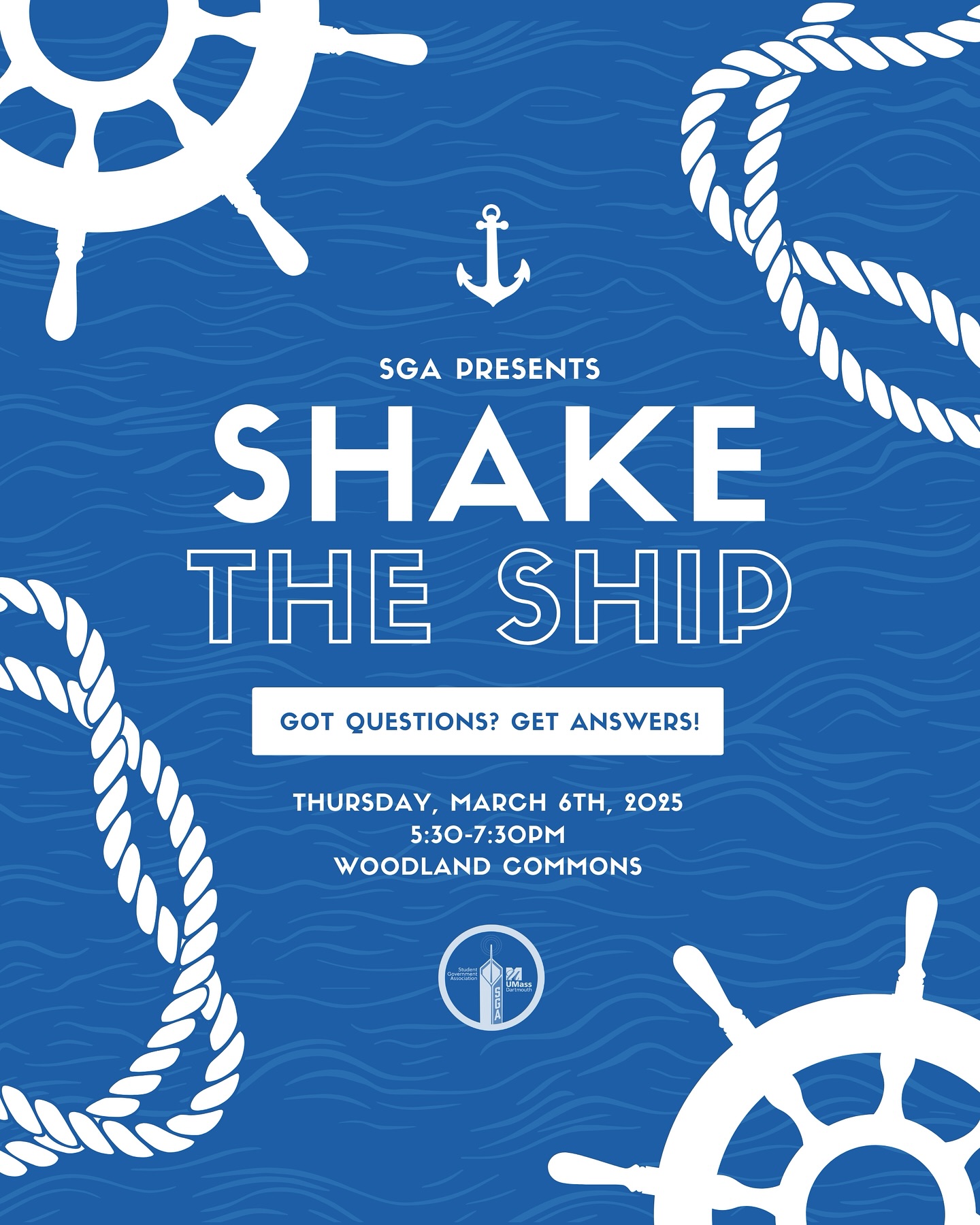 Got questions? Get answers at “Shake the Ship,” on March 6th from 5:30-7:30PM in the Woodland Commons!
As always, you will have the chance to ask questions *directly* to various UMassD administrators and vice-chancellors. Additionally, the event will feature a catered reception, Arnie appearance, photo booth, and raffle. Follow us to find out what you could win when we announce the prizes next week!
Have a question that you want us to ask? DM us or come tell a Senator while tabling in the Campus Center every weekday leading up to the event from 10AM-3PM (beginning next week). Questions are accepted from the audience at the event as well.
We look forward to seeing you there!