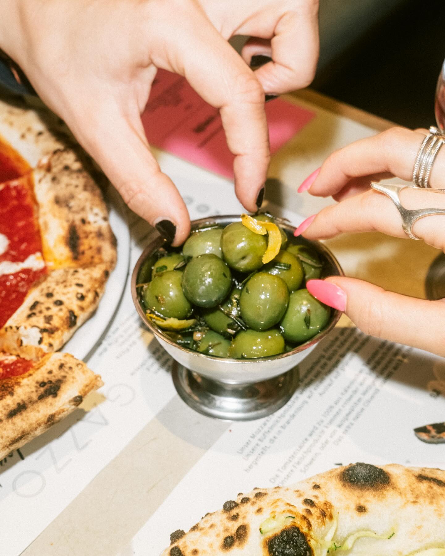 Nocellara olives from south of Sicily. They are the most buttery and meaty olives we tried. We marinate them with citrus peel, garlic and fresh herbs 🫒 Pro tip: the marinade makes a great dipping sauce for the pizza crust