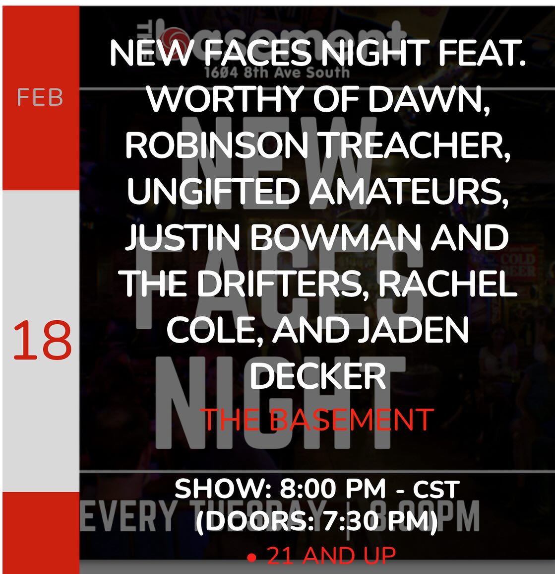 See y’all tonight!!!!
@thebasementnash @goth.brooks @jadenwdecker @robinsontreacher
@justinbowmanandthedrifters @ungiftedamateurs
#livemusic #thingstodoinnashville #concert #newfaces #indiemusic #nashville #nashvillemusic #nashvillemusicscene #worthyofdawn #newmusic #discovernewmusic #reggae #rock #indie #christian #newfacesnight #nashvilleevents #christianmusic #alternative #alternativerock #concertvibes #jamband #jamming #rockshow #thebasement #musiclovers #indiebands