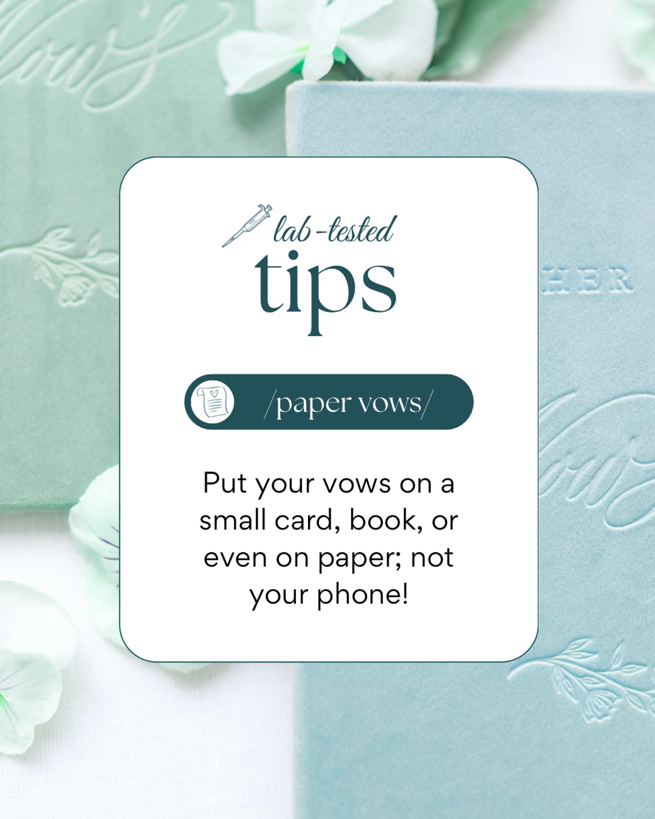 🧪Lab-tested Tip🧪: Put your vows on a small card, not your phone—trust us!
It’s tempting to read your vows from your phone, but trust us—paper is the way to go. A small, elegant card looks timeless in photos, avoids tech mishaps (low battery, auto-lock, glare), and lets you stay fully present in the moment.
Bonus: It makes a beautiful keepsake after the big day!
theweddinglab.ca | theweddinglabcanada@gmail.com | or through our DMs