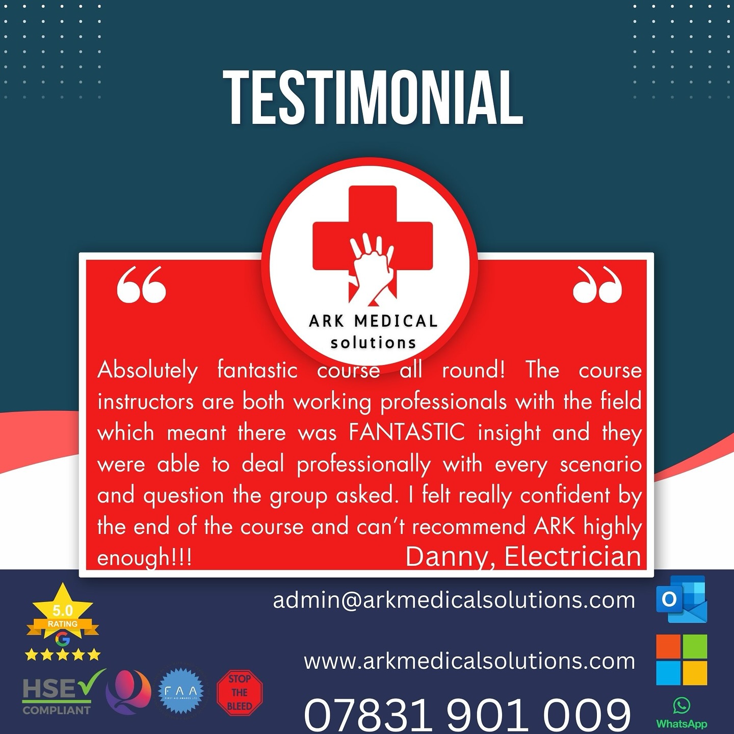 Another “fantastic” testimonial which speaks for itself, and means I don’t have to write much of a caption here at all. Once again proving why First Aid Courses should by taught by serving 999 personnel and NHS paramedics that are still doing the job, not by those that never have.
Would you get your car serviced by someone who has only read a Haynes Manual?
#firstaid #firstaidcoursesdorset #arkmedical #cpr #aed #stopthebleed #pactkits