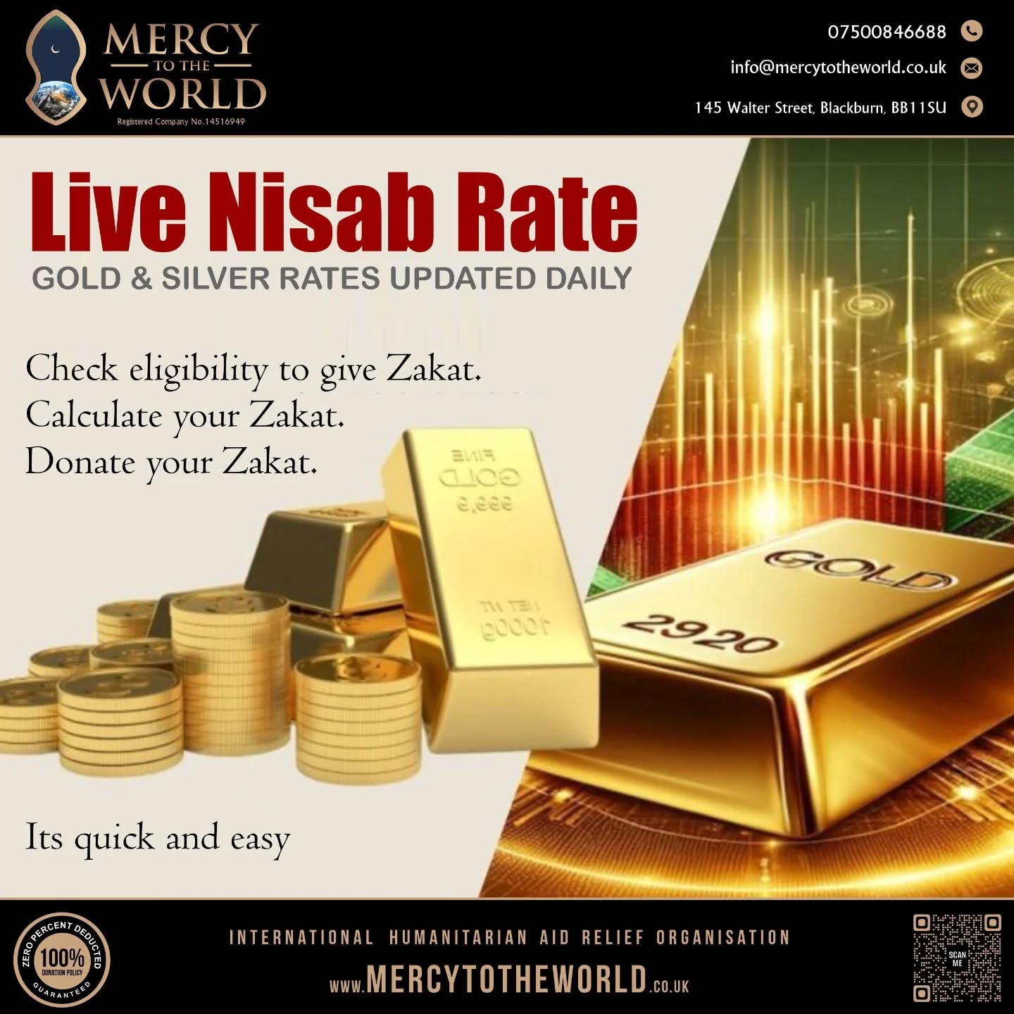 LIVE NISAAB RATE
Check the latest Gold and Silver rate (Nisaab) to workout your Zakaat.
https://www.mercytotheworld.co.uk/nisab-rate