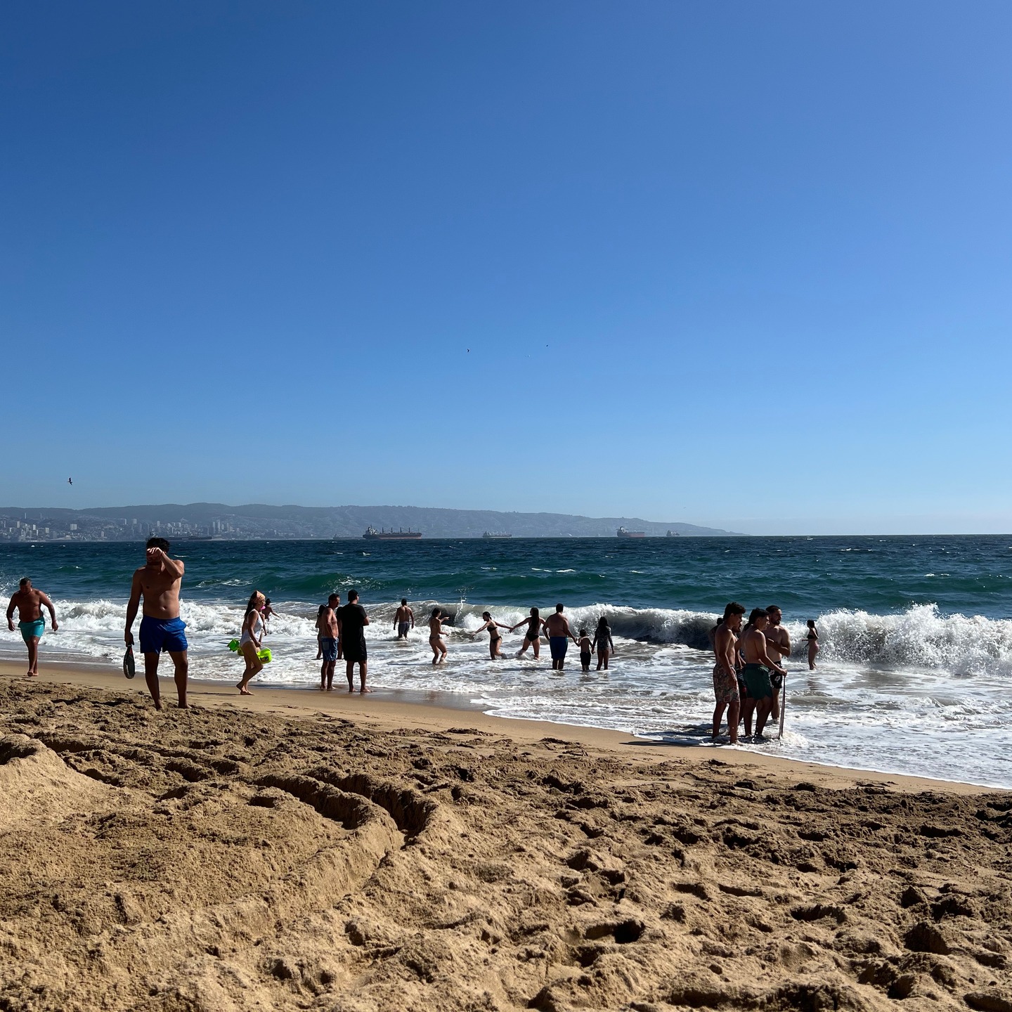 Strandspaziergang in Reñaca am Sonntag, 16. Februar 2025. Viel Sonne, aber kühler Wind und der kalte, wilde Pazifik, der leicht unterschätzt wird. Rote Flagge, die Leute trotzdem sehr entspannt und in Ferienstimmung. Aber die meisten nur mit den Füssen und wenige bis zur Hüfte im Wasser. #familienbesuchchile #ccaatsantiago2025 #lebensübergang #überquerungen #reñaca