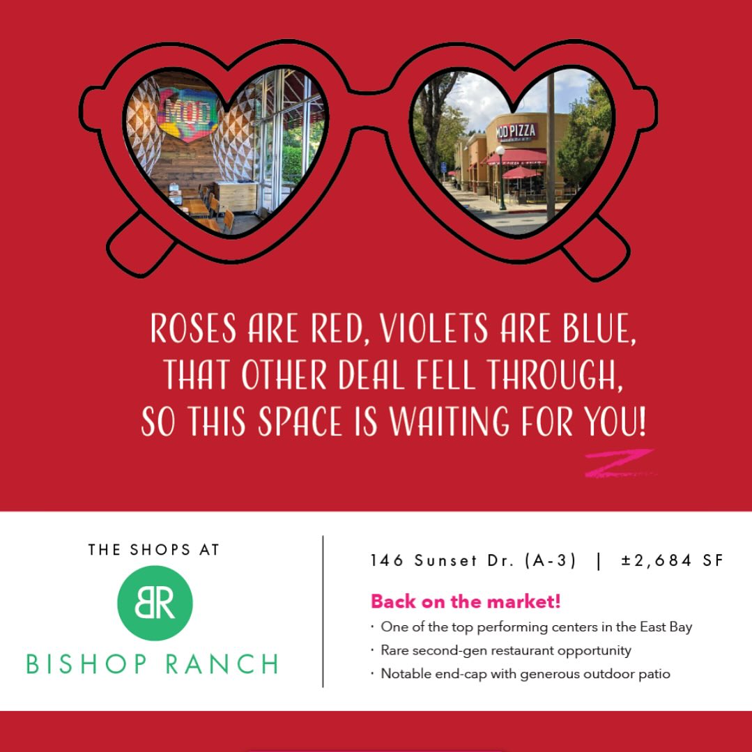 Isn’t she lovely!? Back on the market!! #dealfellthrough #heartbreak
This 2nd-gen restaurant is located in Shops at Bishop Ranch, San Ramon. Reach out for more details! 😍
#shopsatbishopranch #sanramon #valentinesday #backonthemarket #retailleasing #tenantcalling