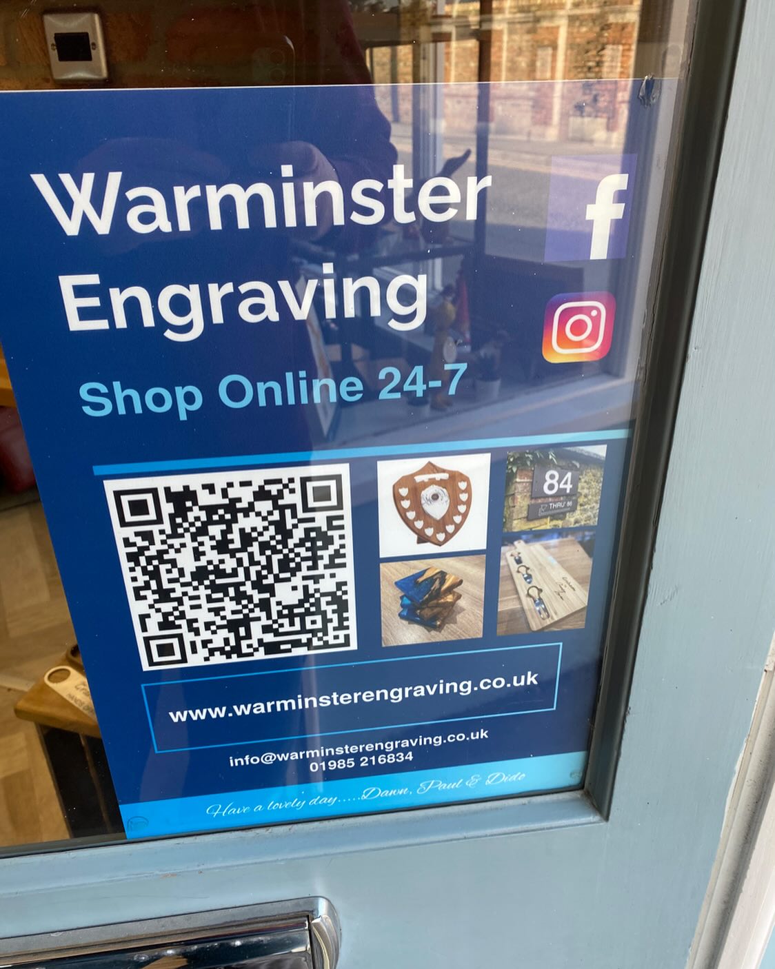 We’ve had a couple of these signs made to inform customers (and potential customers) that we have an online store where you can browse and/or purchase our giftware, awards, pet tags and glassware. Open 24/7 online…..spread the word!