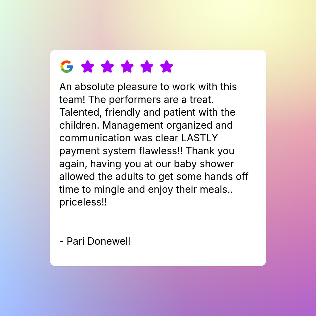 ⭐ Check out what people are saying about Presswood Entertainment! We’re all about creating magical, unforgettable moments for your special events. 🪄 From foam parties to Bumbling Bert’s magic shows, we’re here to bring the fun! 🎉 #PresswoodEntertainment #MagicShows #FoamParties
