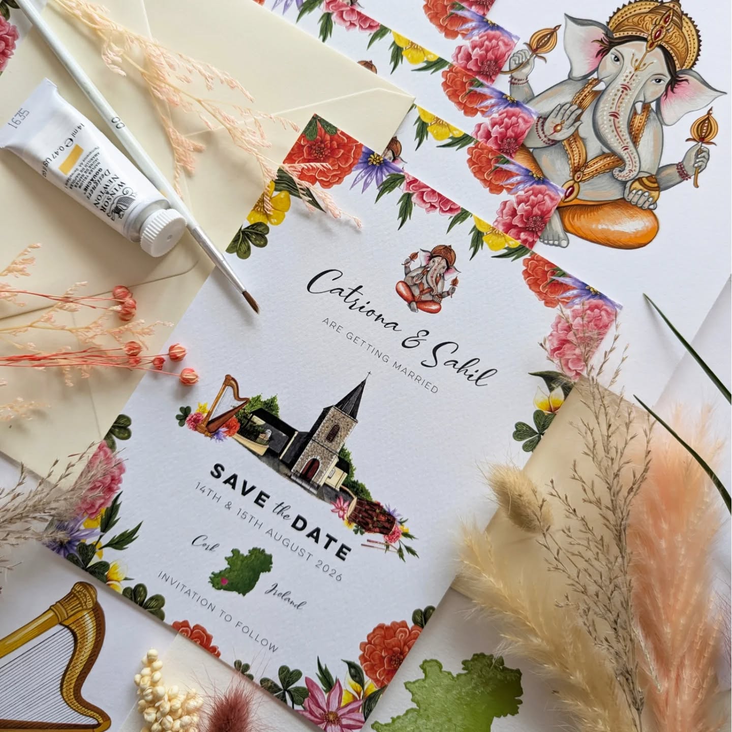 It was a joy to work on Catriona and Sahil's Save the Date🙌🏽. Each element of the design is a celebration of their Irish and Indian cultures and the charming church where they will tie the knot in Cork, Ireland.
Adorned with marigolds, shamrocks, lotus flowers and buttercups, this hand-painted bespoke Save the Date will set the tone beautifully for their wedding celebration.
@catnev26
#bespokeillustration
#bespokesavethedate
#bespokeinvitations
#indianwedding
#irishwedding
#customweddingstationery
#customstationery
#marigolds
#ganesha