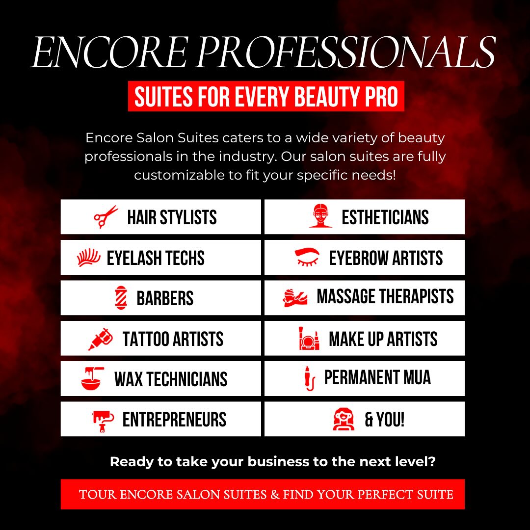 ✨ Find Your Salon Suite at Encore! ✨
Calling all beauty pros & entrepreneurs—your dream space is waiting! Whether you’re a hairstylist, lash tech, barber, tattoo artist, wax specialist, esthetician, brow artist, massage therapist, makeup artist, or permanent makeup artist, Encore Salon Suites is where your business can THRIVE. 💼📈
Your Suite. Your Style. Your Success.
Ready to take the next step? Visit www.encoresalonsuites.com/! 📩🔑