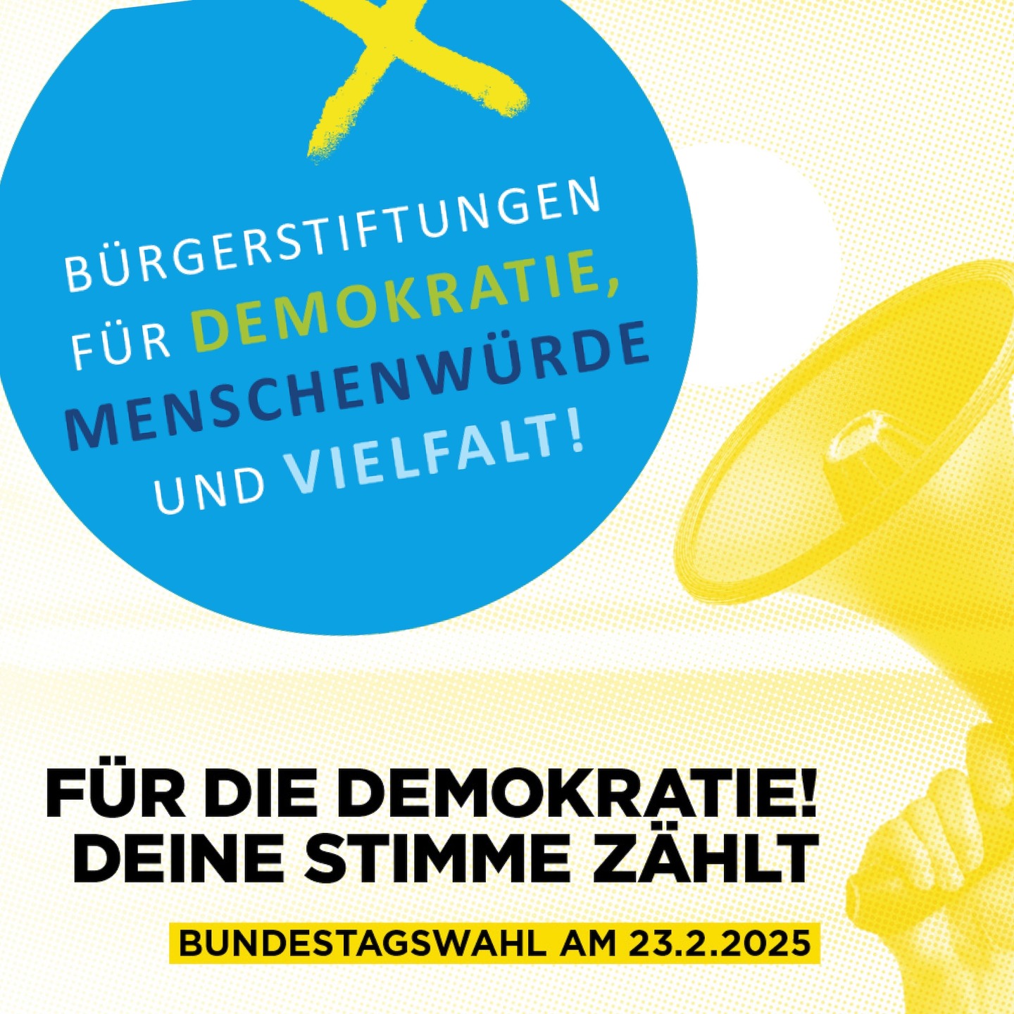 Bürgerstiftungen stehen für Demokratie, Toleranz und Vielfalt. Wir verstehen die Demokratie als Arbeitsauftrag. Sie ist keine Selbstverständlichkeit, kein etablierter Selbstläufer. Es gilt, die Demokratie zu gestalten und zu verteidigen!
Deswegen rufen wir zur Bundestagswahl am 23. Februar 2025 auf! Gehen Sie wählen! Wählen Sie demokratisch!
In 426 Orten deutschlandweit gibt es Bürgerstiftungen. Sie alle setzen sich mit ihren lokalen Projekten für eine offene und gerechte Gesellschaft ein. ❤️🤝
#bürgerstiftungenfürdemokratie #demokratie #toleranz #vielfalt #menschenwürde #bundestagswahl2025
#Laichingen #schwäbischealb #bürgerstiftunglaichingeralb #albdonaukreis