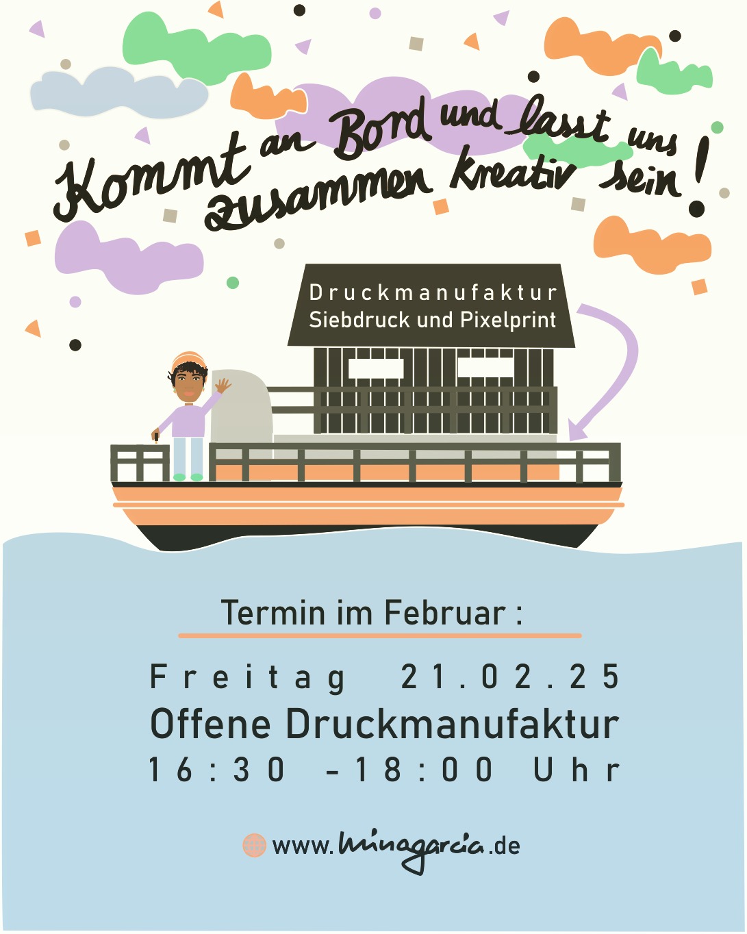 Hier bietet sich nochmal die perfekte Gelegenheit im Februar in die Druckmanufaktur reinzuschnuppern. Kommt vorbei und probiert euch im Siebdruck oder Pixelprinting – ganz nach Lust und Laune. Der Spaß steht im Vordergrund, und ihr zahlt nur 5€ für Materialkosten.
Alle Infos und Anmeldung unter www.minagarcia.de
Ich freu mich auf Euch!