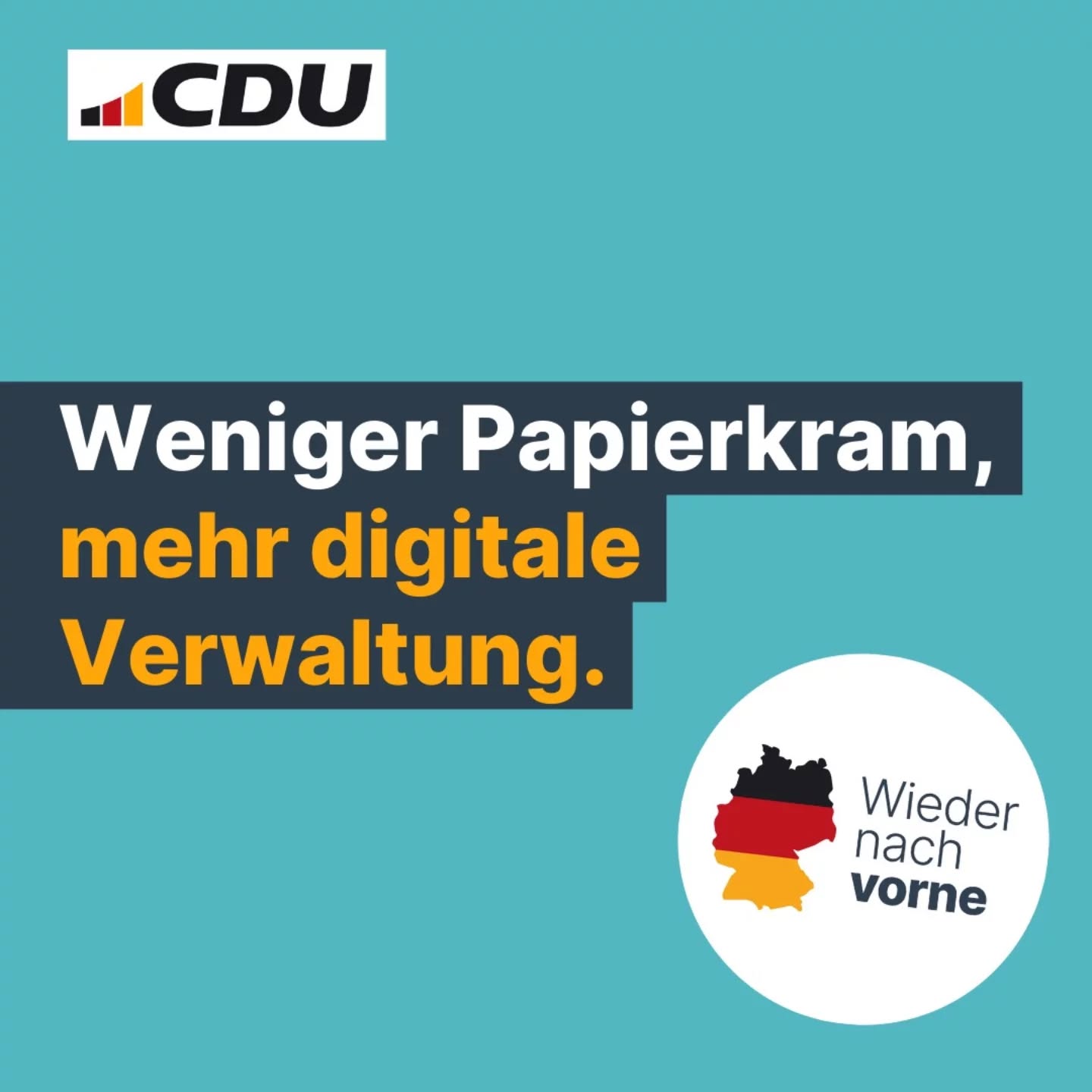 Deutschland braucht wieder Schwung in der Verwaltung!
Dazu setzen wir auf eine Vereinfachung der Vorschriften, Digitalisierung der Prozesse, KI in der Antragsbearbeitung, ein einheitliches digitales Bürgerkonto und in Folge einen reduzierten Personalbestand:
1) Verschlankung des Staatsapparates 👥
Wir halbieren die Zahl der Beauftragten und kommen in der Ministerialverwaltung und der Bundestagsverwaltung mit mindestens zehn Prozent weniger Personal aus. Wir wollen mit weniger Personal bessere Arbeit machen.
2) Steuerfestsetzung vereinfachen 📈
Wir treiben die Selbstveranlagung und den digitalen Datenaustausch mit der Finanzverwaltung voran. Unser Ziel ist eine vollautomatisierte Veranlagung.
3) Digitales Bürgerkonto umsetzen 📱
Wir wollen für alle Bürgerinnen und Bürger eine sichere digitale Identität mit eigenem Postfach. Die sogenannte BundID werden wir zu einer einheitlichen DeutschlandID weiterentwickeln.
4) Alle Unterlagen immer bei der Hand 💼
Wir setzen uns dafür ein, dass Bürgerinnen und Bürger eine digitale Akte erhalten, die alle relevanten Dokumente bündelt und ihnen einen maßgeschneiderten, digitalen Umgang mit den Behörden ermöglicht.
5) Mit KI schneller verwalten 💡
Mit dem Einsatz von KI bauen wir in Deutschland eine effiziente, vollständig digitalisierte Verwaltung für Bürger und Unternehmen auf, die rund um die Uhr Serviceleistungen erbringen kann.
7) Klagemöglichkeiten und Instanzen reduzieren ⚖️
Wir sind für die Abschaffung des Verbandsklagerechts bei Infrastrukturvorhaben. Wo möglich und sinnvoll, sehen wir im Sinne schnellerer Rechtssicherheit eine Kürzung des Instanzenwegs auf zwei Instanzen vor.
8) Lernenden Staat bauen 🔁
Die Möglichkeiten der Digitalisierung nutzen wir für eine strategischere und stärker datenbasierte Politik. Mit einer neuen Fehlerkultur evaluieren wir beschlossene Maßnahmen, nehmen zurück, was nicht effektiv ist, und passen die Maßnahmen kontinuierlich an.
9) Once-Only Prinzip konsequent umsetzen 1️⃣
Wir machen den digitalen Vollzug zum Standard. Dafür setzen wir auch das „Once-Only“-Prinzip konsequent um, wonach Daten nur ein einziges Mal an die Verwaltung übermittelt werden müssen.
#wiedernachvorne