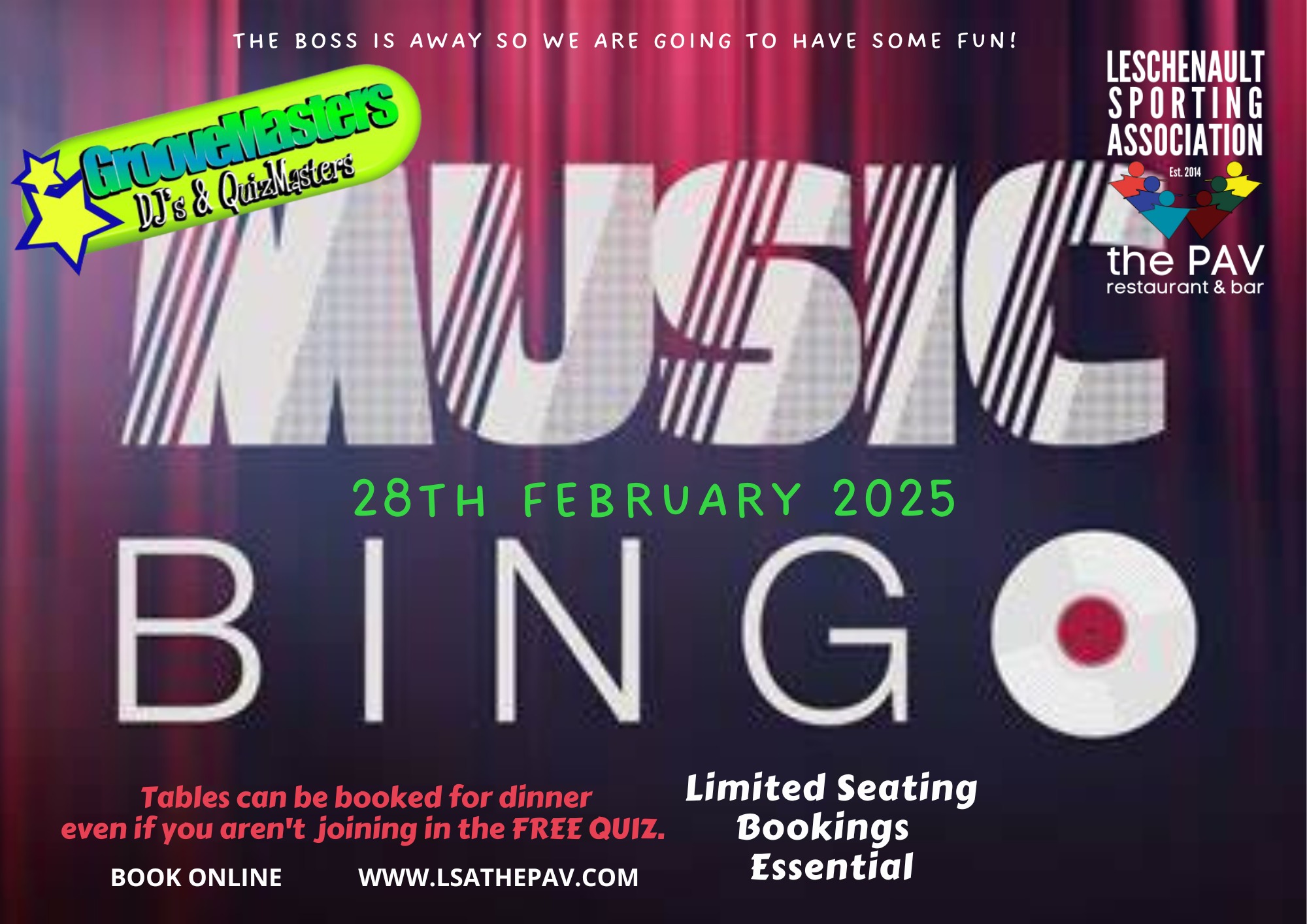 Our first Music Bingo Friday 28th February
Limited seating
Book online www.lsathepav.com