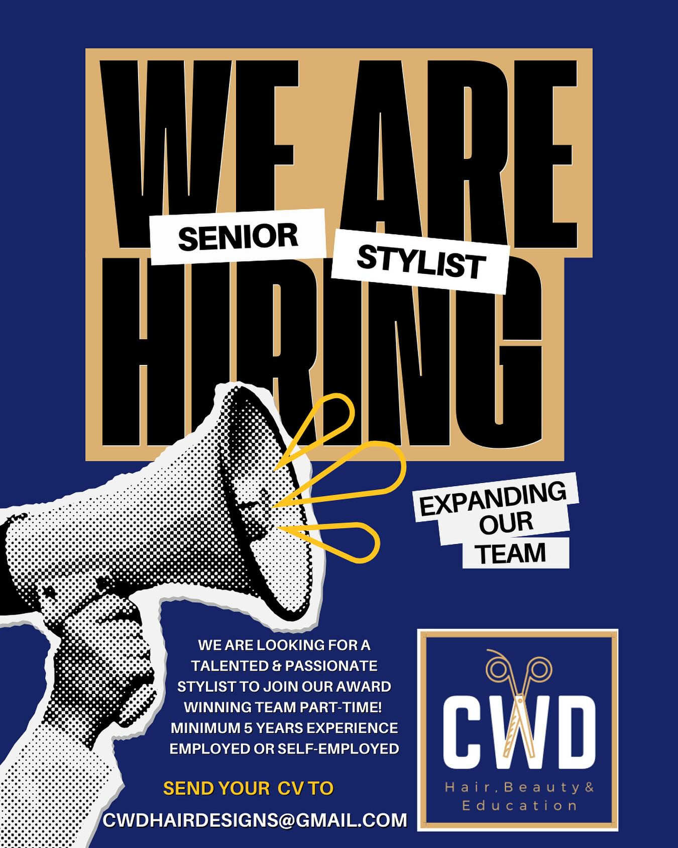 We Are Hiring 📣
We are looking for a talented and passionate stylist to join our team at CWD in Westbourne!
Part-Time
Employed or Self Employed
Minimum 5 years Experience
Send your cv to-
Cwdhairdesigns@gmail.com or drop us a message from your Instagram hair page :)