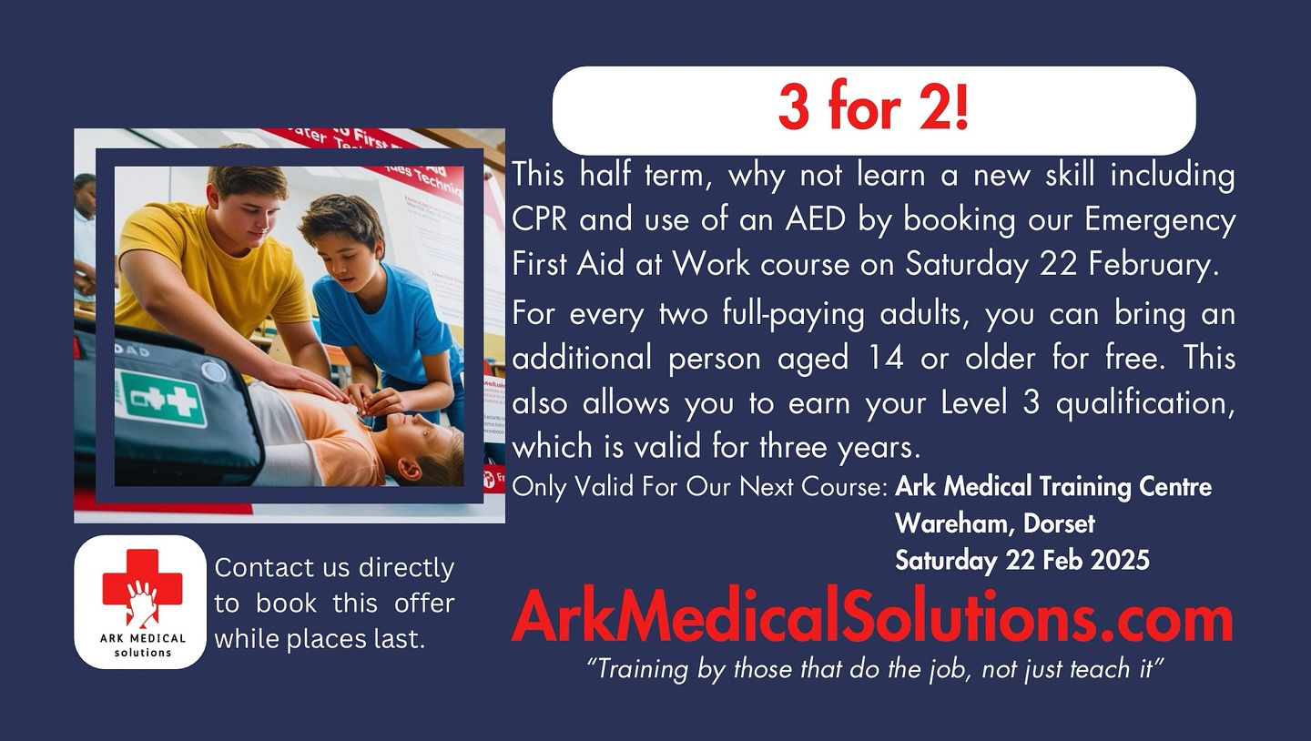 3 for 2 on our next course…
This half-term, consider joining us as a family or inviting your teenager to enhance your first aid skills.
Our upcoming Emergency First Aid at Work Course is scheduled for Saturday, February 22nd, which conveniently falls within the half-term break. If you’re looking for something productive to do, secure your spot with Ark Medical Solutions and receive training from NHS paramedics who have current real-world experience, rather than an instructor who has never done the job.
As a special offer, for every two full-paying adults, a third participant can attend for free! This is a great opportunity to acquire valuable skills and earn a Level 3 certification valid for three years. To take advantage of this offer, please contact us directly to book, as it is subject to availability. Please note that participants must be at least 14 years old for this qualification. This offer is only valid for Saturday, February 22nd, and is non-transferable.
https://www.arkmedicalsolutions.com/contact-us