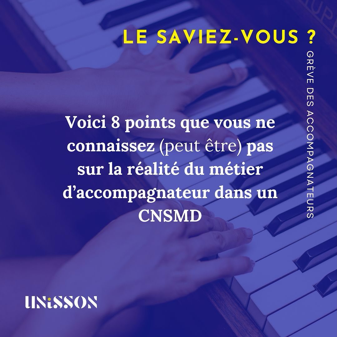 ⚠️ UNISSON étant une association représentant les chanteurs lyriques et chefs de chant, ce post décrit majoritairement la réalité du métier des accompagnateurs vocaux. Néanmoins, nous apportons également notre soutien aux accompagnateurs des classes d’instruments et de danse !!
Précision : un temps complet d’accompagnement en CNSMD est de 18h de présence devant les élèves par semaine. Ce temps ne prend pas en compte la préparation du répertoire en amont.
➡️ Depuis le 12 février 2025, les enseignants accompagnateurs des CNSMD de Paris et de Lyon sont en grève pour protester contre le fait que, dans les négociations en cours avec le ministère de la culture, ils sont les seuls dont l’ancienneté ne sera pas prise en compte à sa juste valeur.
Malgré les négociations en cours avec le ministère de la culture pour réviser les grilles salariales, les propositions actuelles sont jugées insuffisantes.
Les accompagnateurs, recrutés à un niveau équivalent au Master, estiment que leurs salaires ne reflètent pas leurs qualifications ni leurs responsabilités.
L’association Unisson apporte son soutien à la grève des accompagnateurs des CNSMD de Paris et de Lyon.
___
@accompagnateurscnsmd @conservatoire_de_paris @cnsmdlyon
___
#pianistes #accompagnateurs #grève #CNSMD #soutien #revalorisation #reconnaissance #justice #salaire #musique #culture #égalité #conservatoire