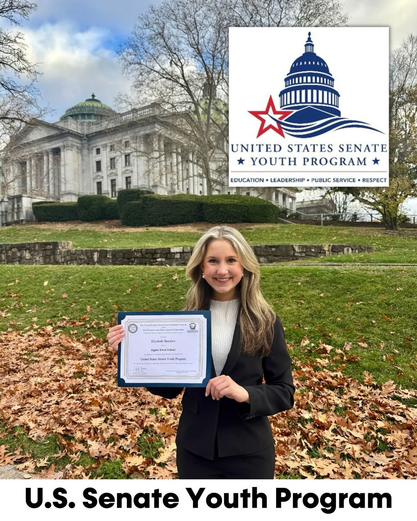I am honored to have been selected as a Pennsylvania delegate for the 63rd United States Senate Youth Program! 🇺🇸🏛️💫
In March, I will travel to D.C. for Washington Week to meet with and hear major policy addresses by U.S. senators, cabinet members, department officials, agency directors, a Supreme Court justice, and the president.
This unique educational experience will provide insight into the inner workings of our federal government; I could not be more excited for the once-in-a-lifetime opportunity to connect with our country’s leaders and grow as a civic leader myself.
Sponsored by the Hearst Foundations, I will also be awarded a $10,000 scholarship for my undergraduate studies.
Alongside my co-delegate, Anjali Verma, I am proud to represent the Commonwealth of Pennsylvania at the Capitol. I can’t wait to meet the rest of our incredible delegate class from across the country, and I am looking forward to furthering my passion for public service. ☺️
Thank you so much to everyone who has supported my journey, and thank you to the Pennsylvania Department of Education, the Hearst Foundations, and the USSYP!
See you soon, D.C. 😆