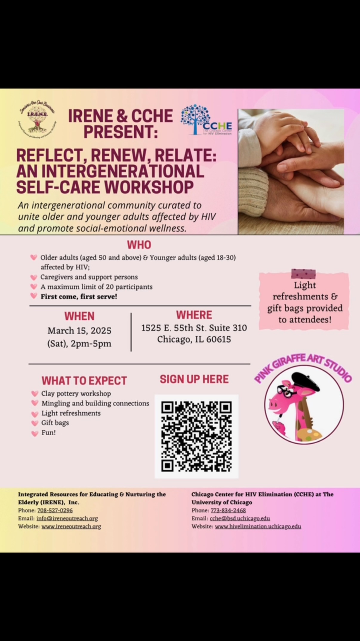 🌟Join Us for IRENE & CCHE: Reflect, Renew, Relate-An Intergenerational Self-Care Workshop 🌟
We’re excited to invite older adults (50+) and younger adults (18-30) affected by HIV, as well as caregivers, to a special intergenerational self-care workshop!
Get ready for an afternoon filled with creativity, connection, and care! 🎨✨ Enjoy a unique clay pottery activity led by The Pink Giraffe Art Studio, where you can express yourself and create something beautiful.
Let’s come together for a day of fun and self-care! 💖 #IRENE #CCHE #pinkgiraffeartstudio #Wellness #SelfCare #IntergenerationalSupport #HIVAwareness #CommunityConnection