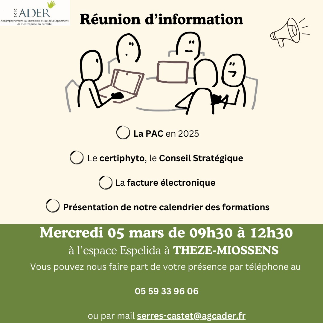 📣 Réunion d'Information : Préparez-vous aux enjeux de demain ! 📣
Vous êtes acteur du secteur agricole ? Ne manquez pas notre réunion d'information sur les grands enjeux à venir ! 💼🌱
🔸 Au programme :
La facture électronique : Ce qui change et comment l’ADER se prépare à cette révolution 💻
Se former en agriculture : Découvrez notre calendrier des formations 📅
La PAC 2025 : Quelles adaptations à prévoir ? 🌍
Le certiphyto & le Conseil Stratégique Phytosanitaire : Nouveautés pour 2025 ! 🚜
Questions diverses : Échanges et conseils ! ❓
📍 Rendez-vous le Mercredi 5 mars à l’espace Espelida à THEZE-MIOSSENS de 09h30 à 12h30 (accueil dès 09h00).
✅ Inscrivez-vous avant le 28 février : 👉 Par mail : serres-castet@agcader.fr 👉 Par téléphone : 05 59 33 96 06
Venez nous retrouver pour anticiper les évolutions du secteur agricole et échanger sur les pratiques de demain ! 🚀
#Agriculture #FactureNumérique #FormationAgricole #PAC2025 #Certiphyto #Phytosanitaire #RéunionInformatique #ADER #Agriculteurs #Innovation #Événement